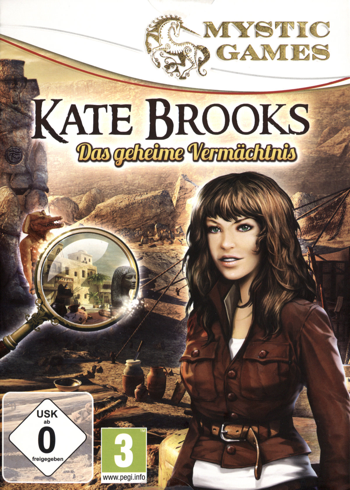 Kate Brooks Videospielcover mit einer Frau vor einer Wüstenlandschaft und einer Lupe.
