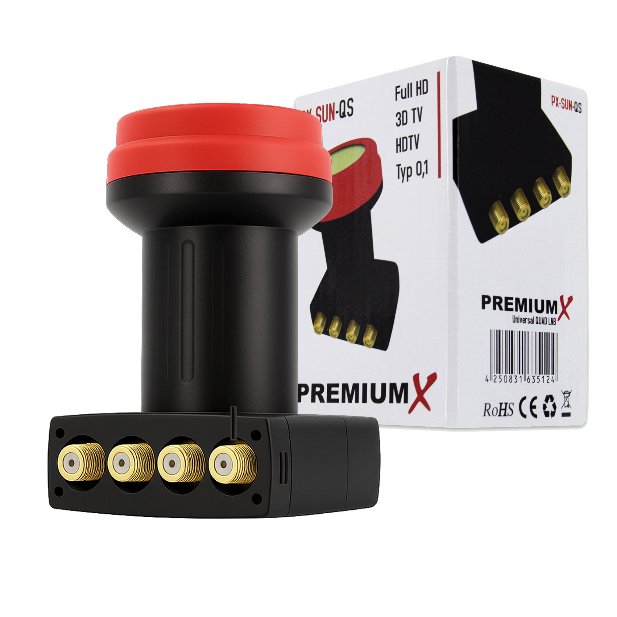 Ein schwarzer und roter Quad-LNB-Satelliten-Feedhorn vor seiner Produktverpackung.