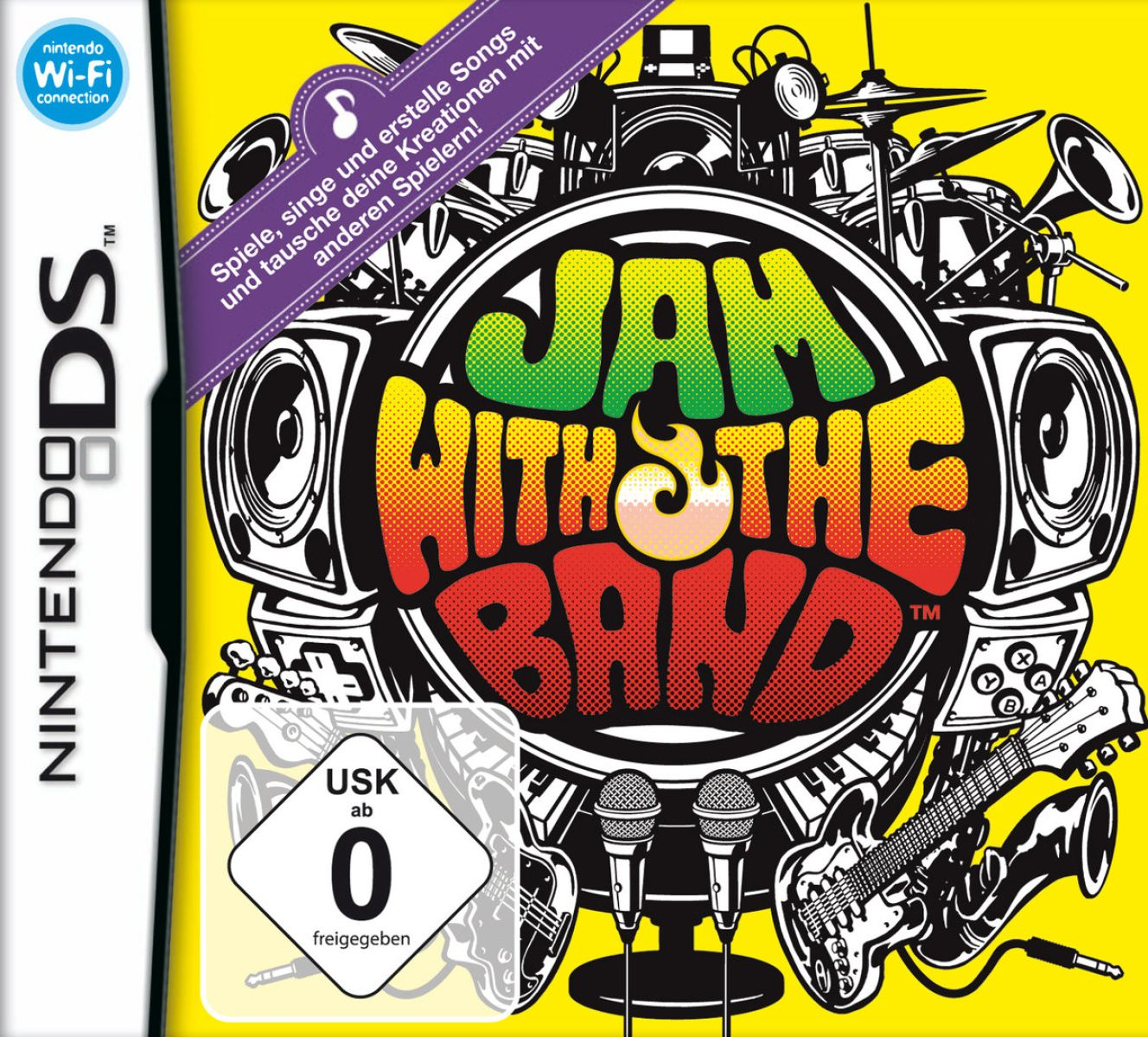 Buntes Cover des DS-Spiels Jam with the Band mit Musikinstrumenten vor gelbem Hintergrund.