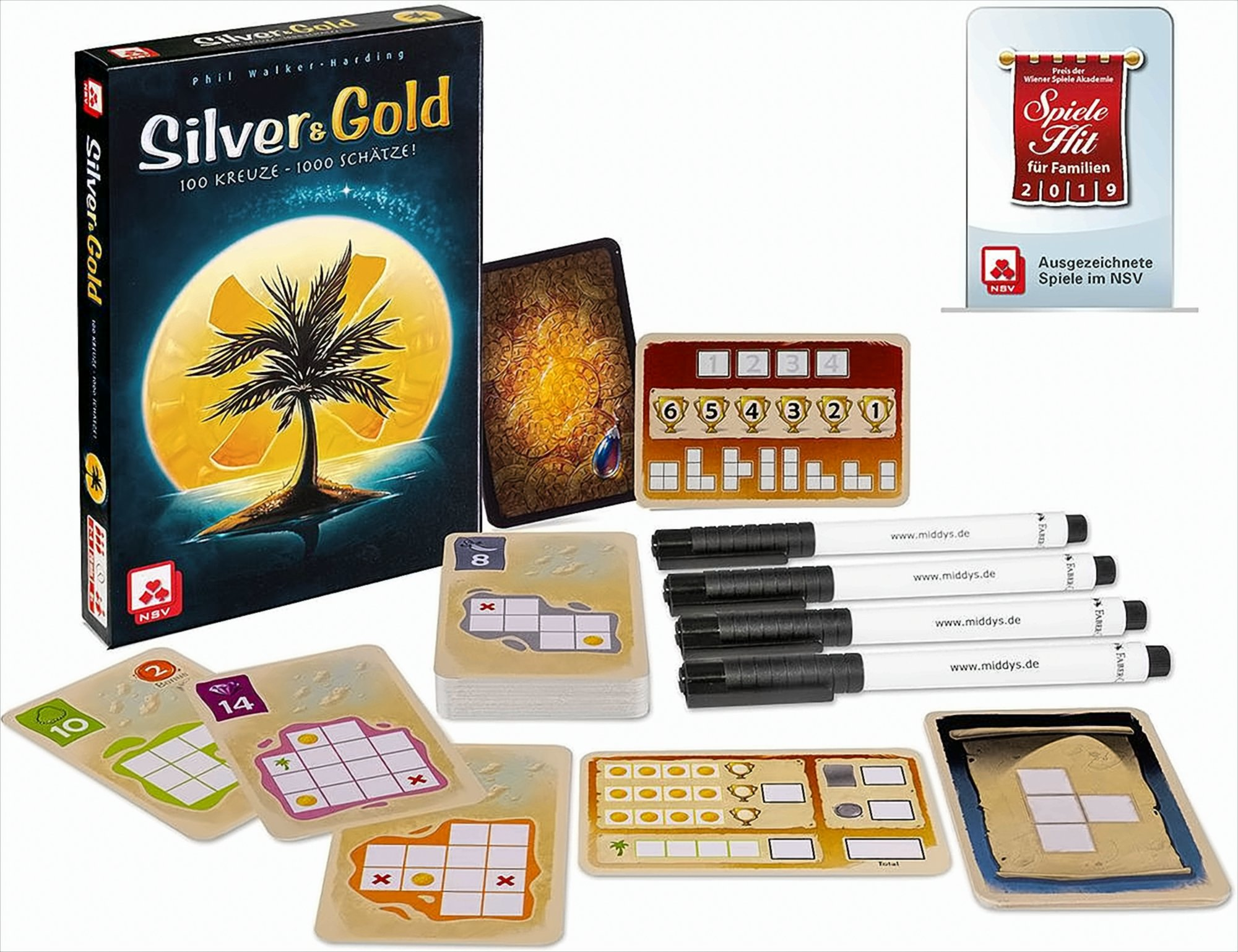 Silver and Gold Brettspiel mit Box, Karten, Stiften und Siegertrophäen-Award.