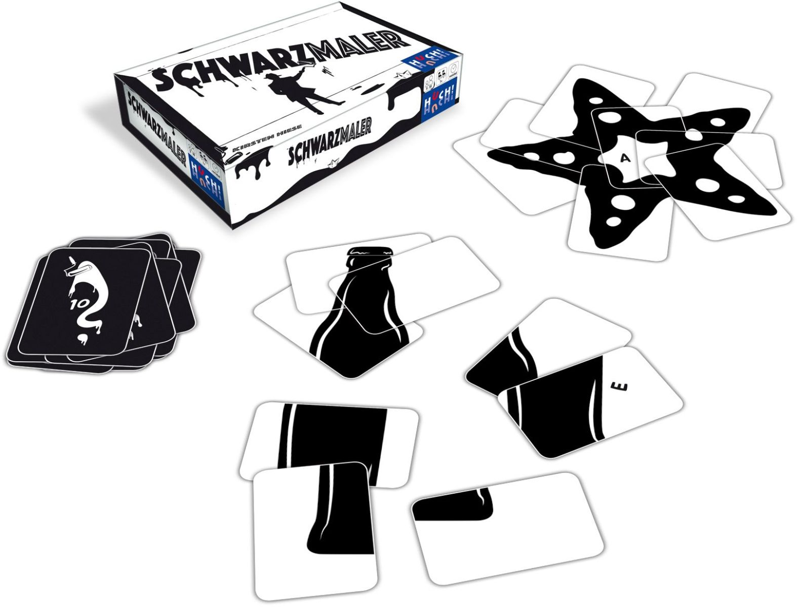 Schwarzmaler Brettspiel mit schwarz-weißen Karten mit Formen, angeordnet auf weißer Oberfläche.