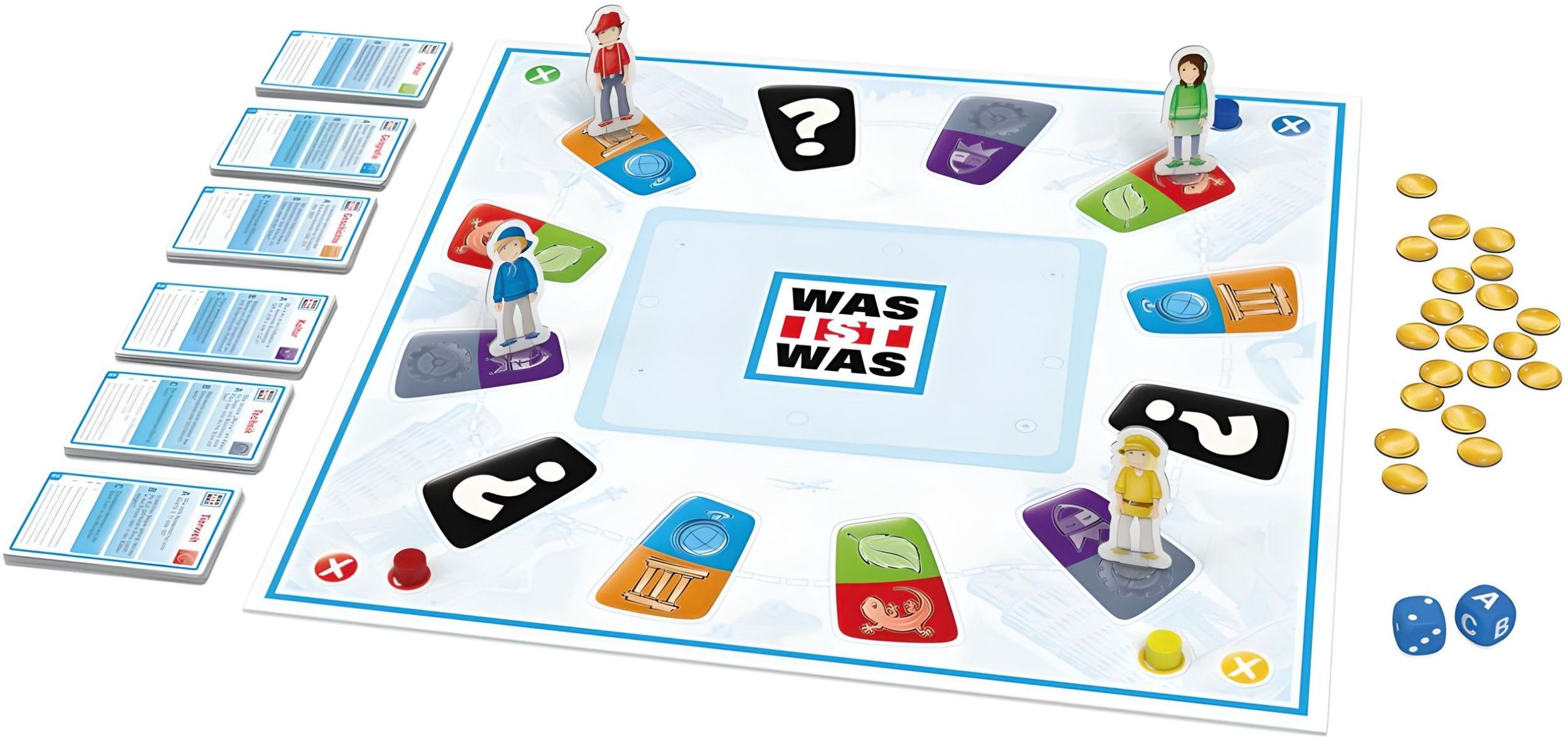 Ein Was Ist Was Brettspiel mit Karten, Figuren, goldenen Plättchen und Würfeln auf weißem Hintergrund.