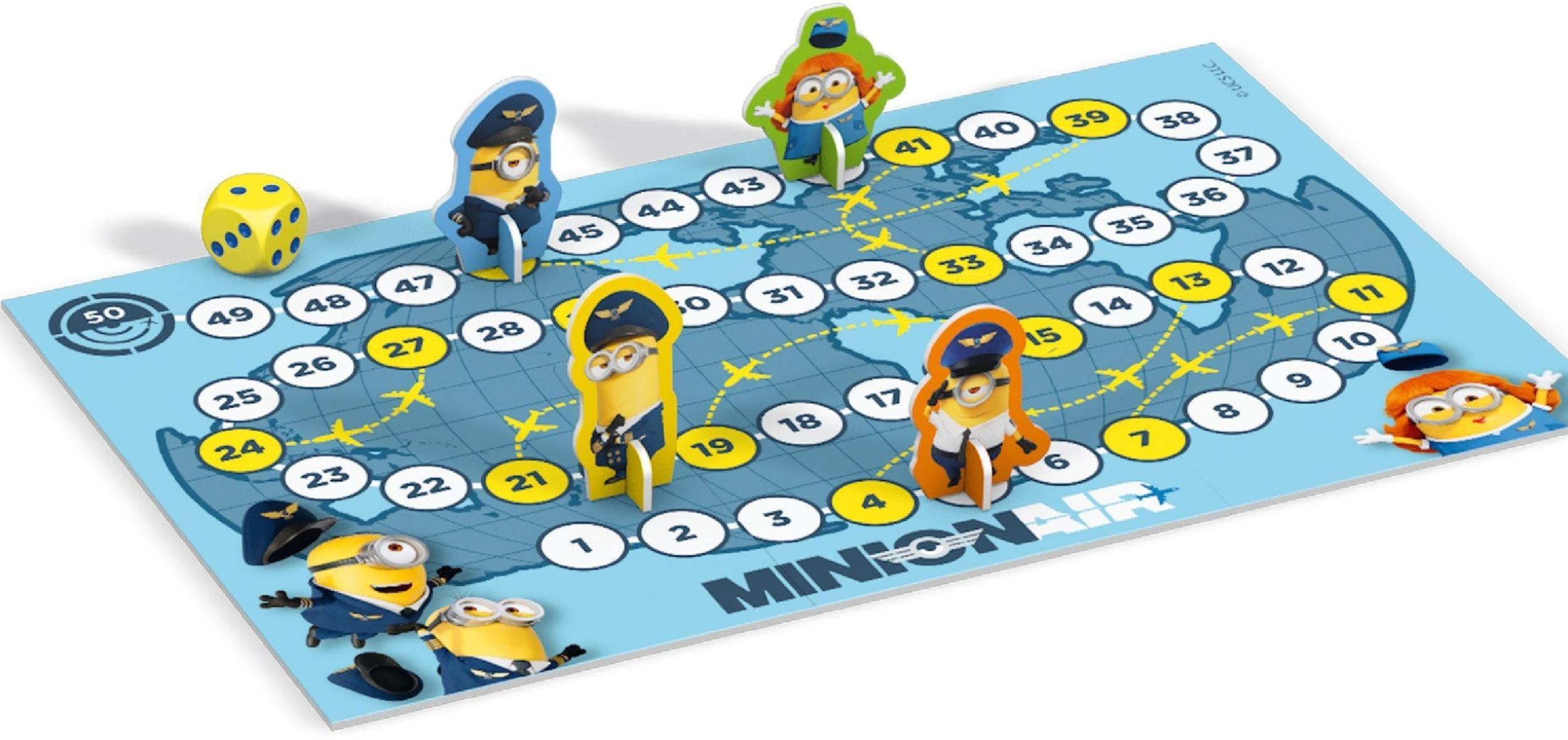 Ein Minion-Luftfahrt-Brettspiel mit blauem Weltkartenhintergrund, nummerierten Feldern, Spielfiguren und einem gelben Würfel.