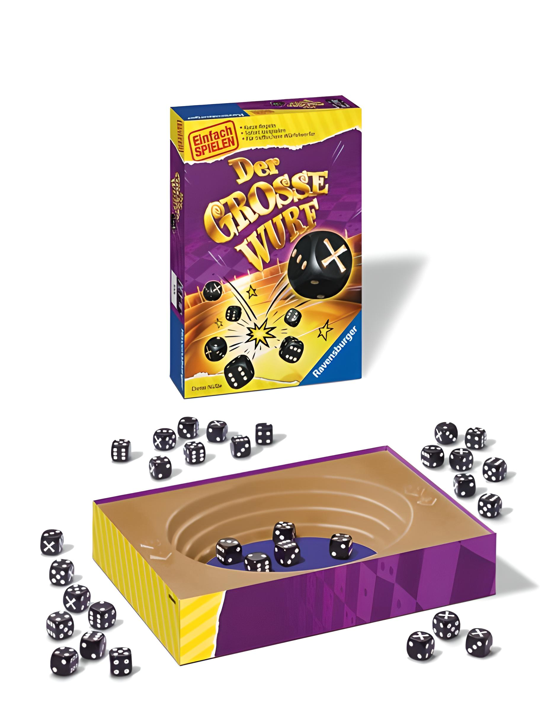 Das Brettspiel "Der Grosse Wurf" von Ravensburger mit schwarzem Würfelbecher und vielen schwarzen Würfeln.