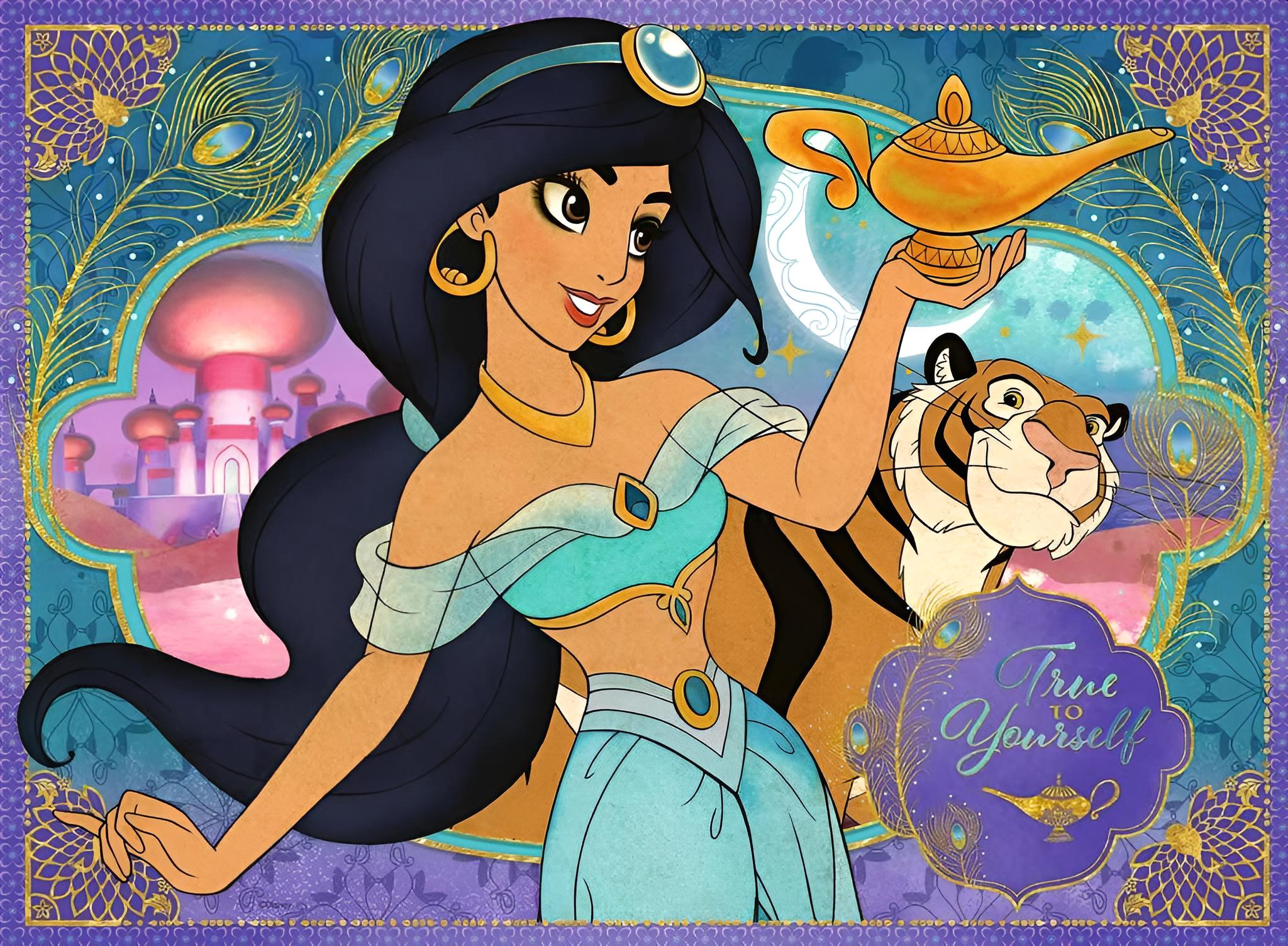 Prinzessin Jasmin in einem türkisfarbenen Outfit hält eine goldene Lampe, mit ihrem Tiger Rajah im Hintergrund.