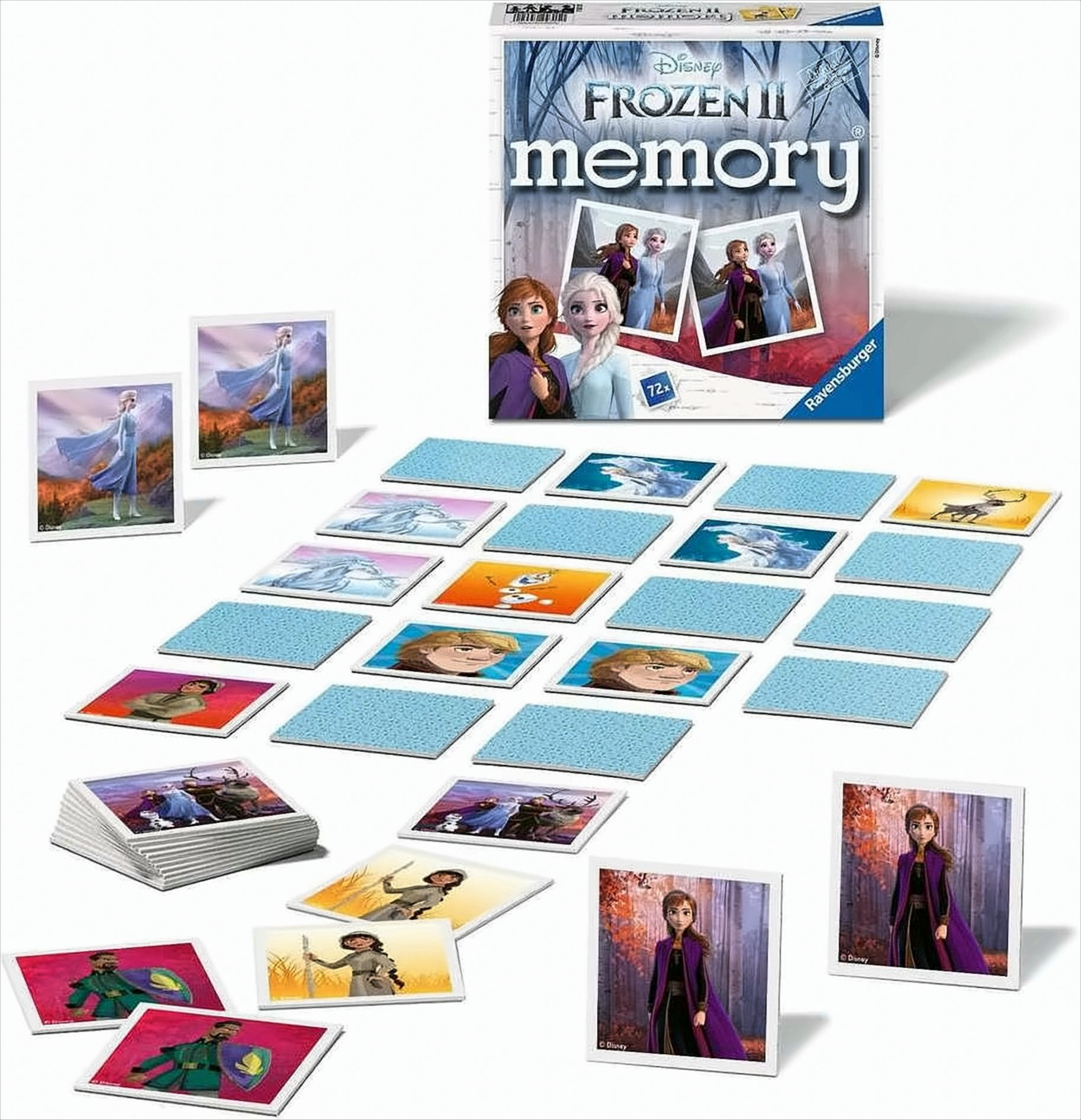 Frozen II Memory-Spiel von Ravensburger mit Box und ausgelegten Karten, die Figuren zeigen.