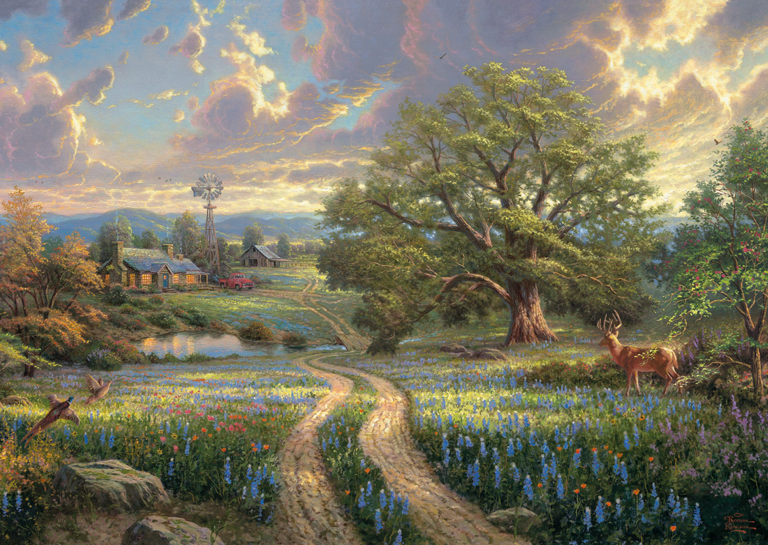 Landschaft mit Weg, großem Baum, Reh, Haus, Windmühle und Teich unter bewölktem Himmel.
