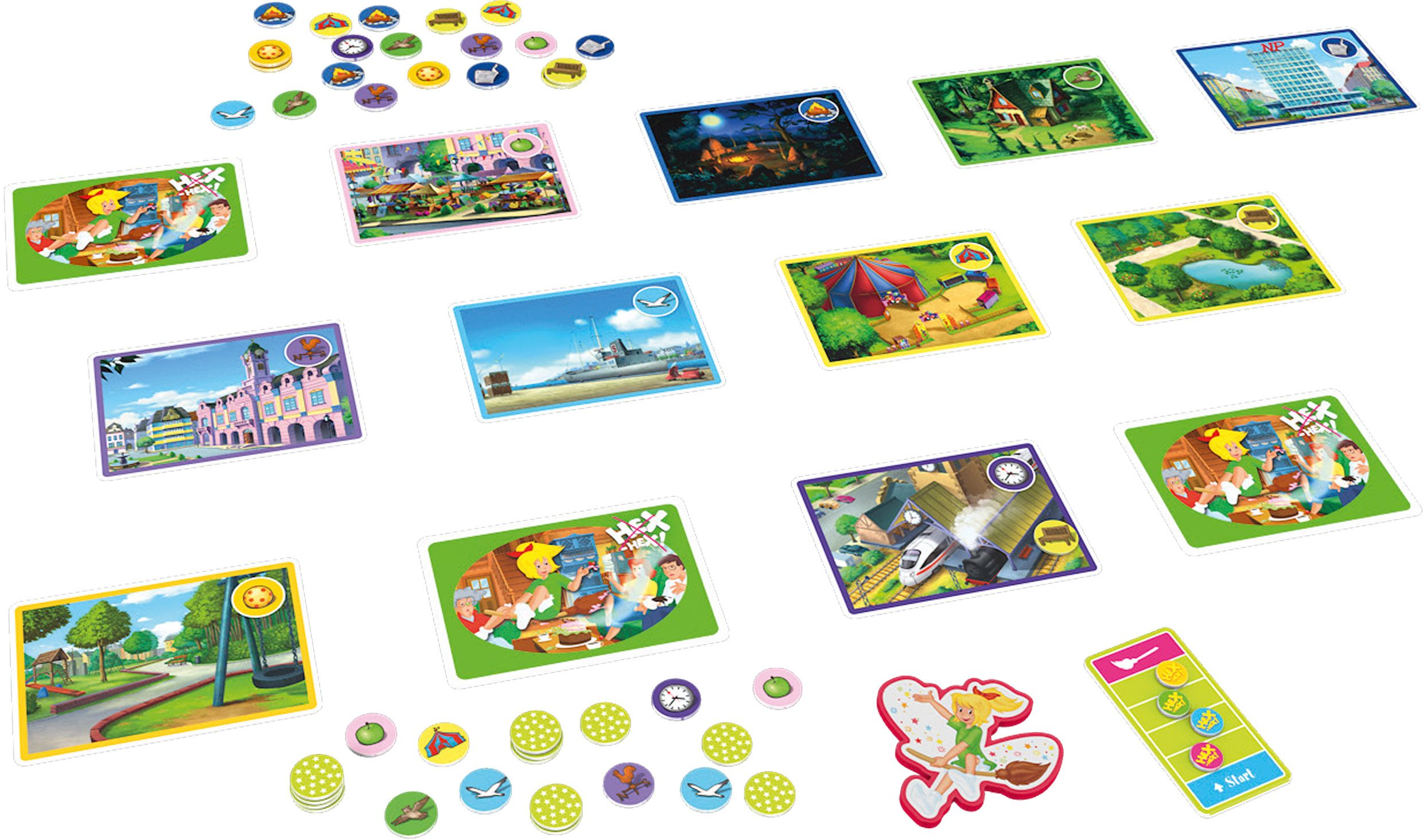 Bunt illustriertes Brettspiel mit Karten und kleinen farbigen Marken auf weißem Hintergrund.