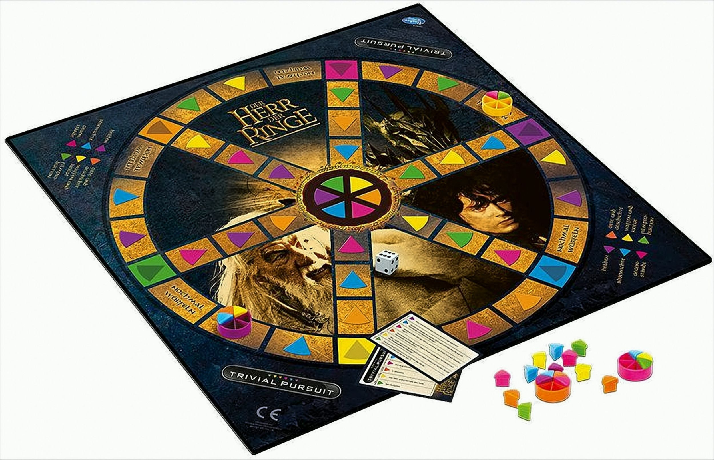 Trivial Pursuit Brettspiel zum Herrn der Ringe mit bunten Feldern, Charakterbildern, Würfel und kleinen Spielsteinen.