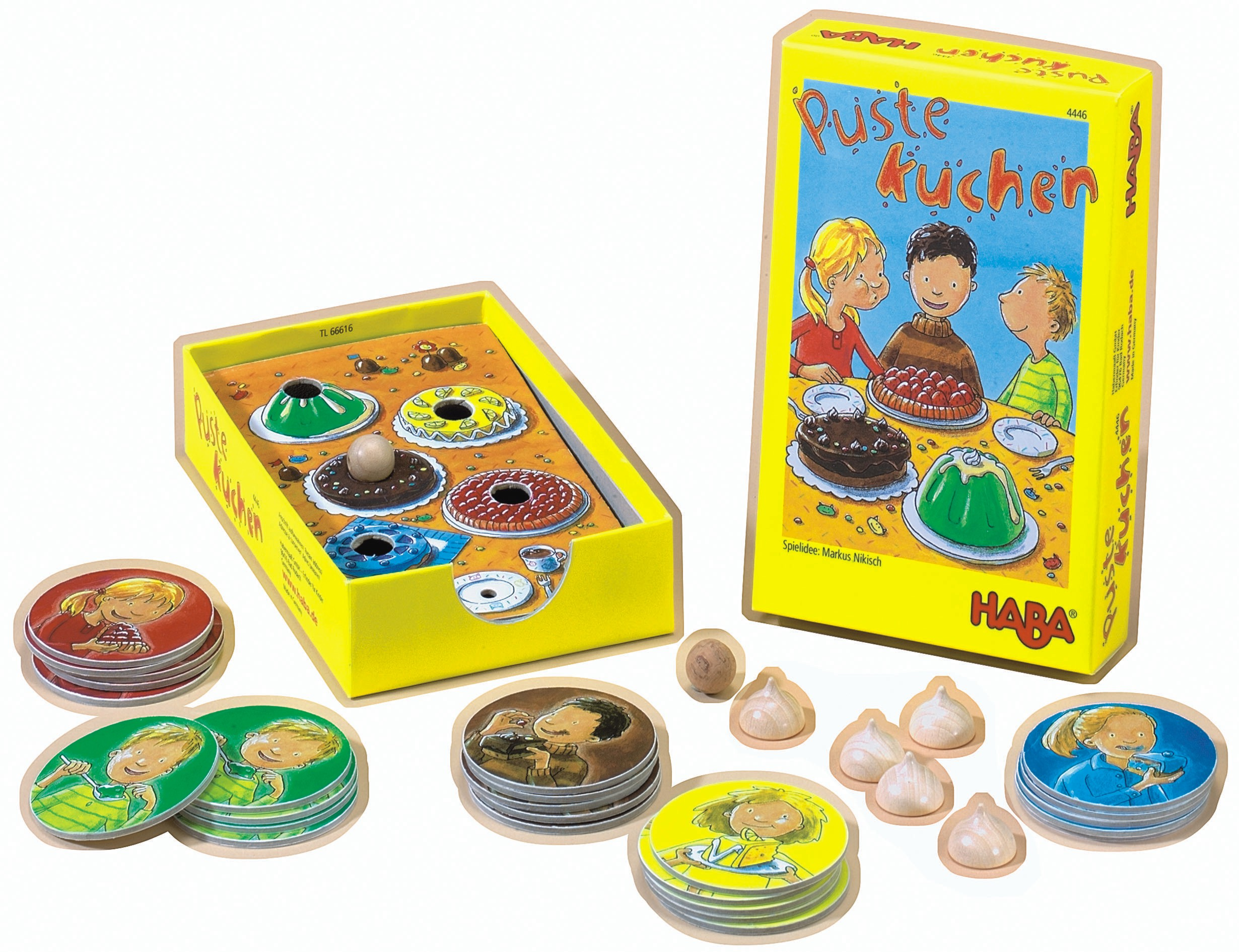 Das HABA-Kinderspiel Pustekuchen mit Brett, Box, Holzperlen, Karten und bunten Kuchenmotiven.