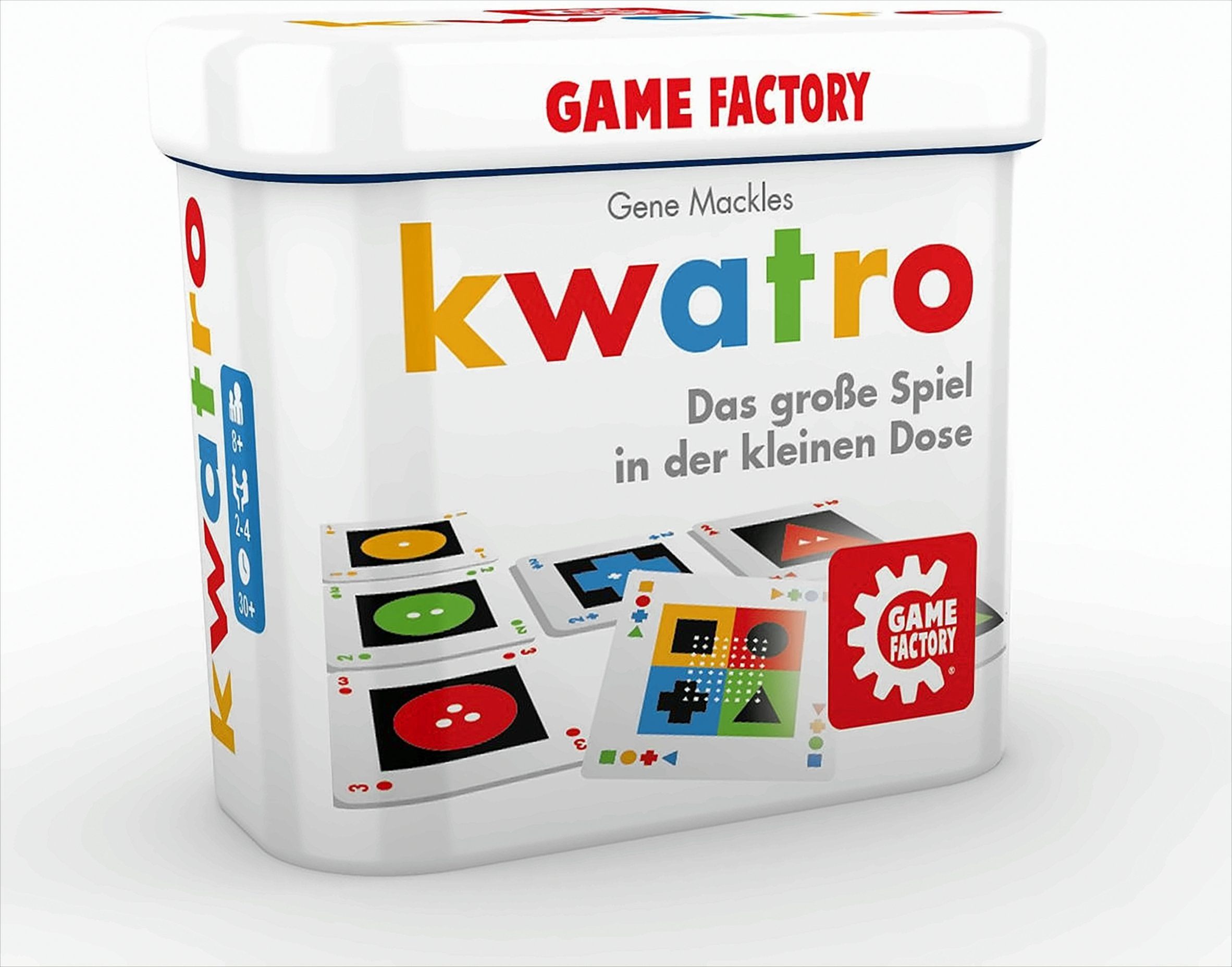 Eine weiße Metalldose des Kartensiels Kwatro mit bunten Buchstaben, Symbolkarten und dem Game Factory Logo.