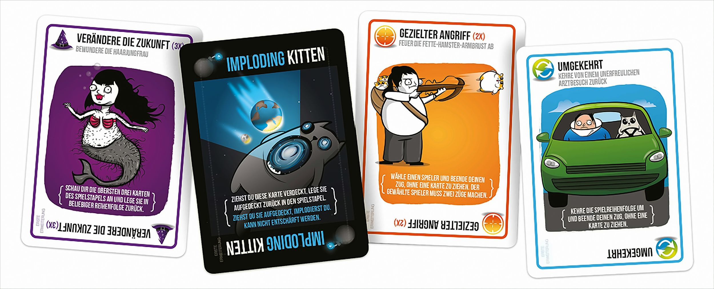 Vier bunte Spielkarten des Spiels Exploding Kittens zeigen Cartoon-Illustrationen und deutschen Text.