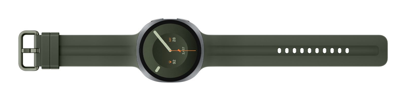 Eine grüne Smartwatch mit rundem Zifferblatt und Silikonarmband liegt flach auf weißem Hintergrund.