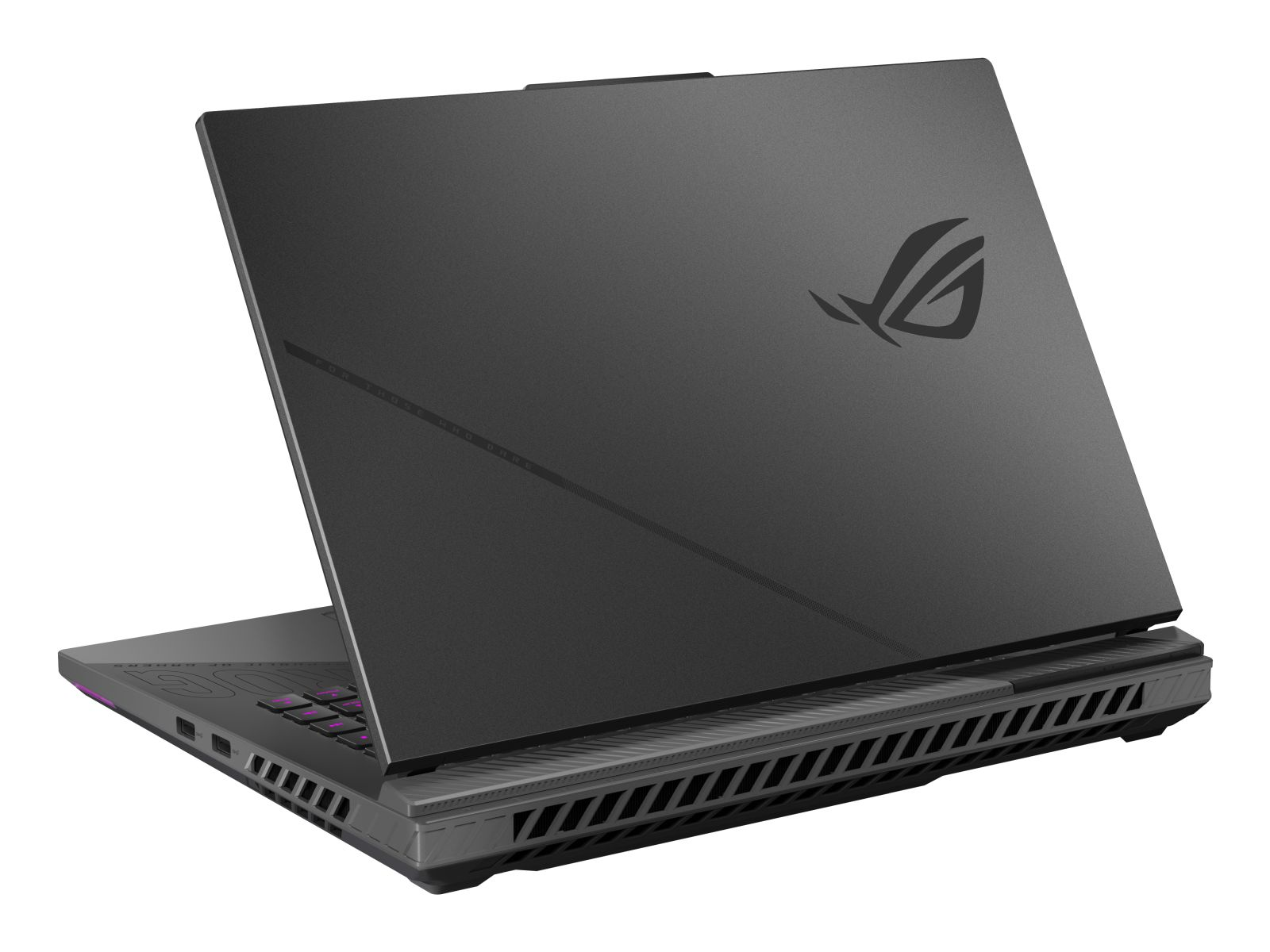 Ein grauer Gaming-Laptop mit geschlossener Abdeckung und beleuchteter Tastatur vor weißem Hintergrund.