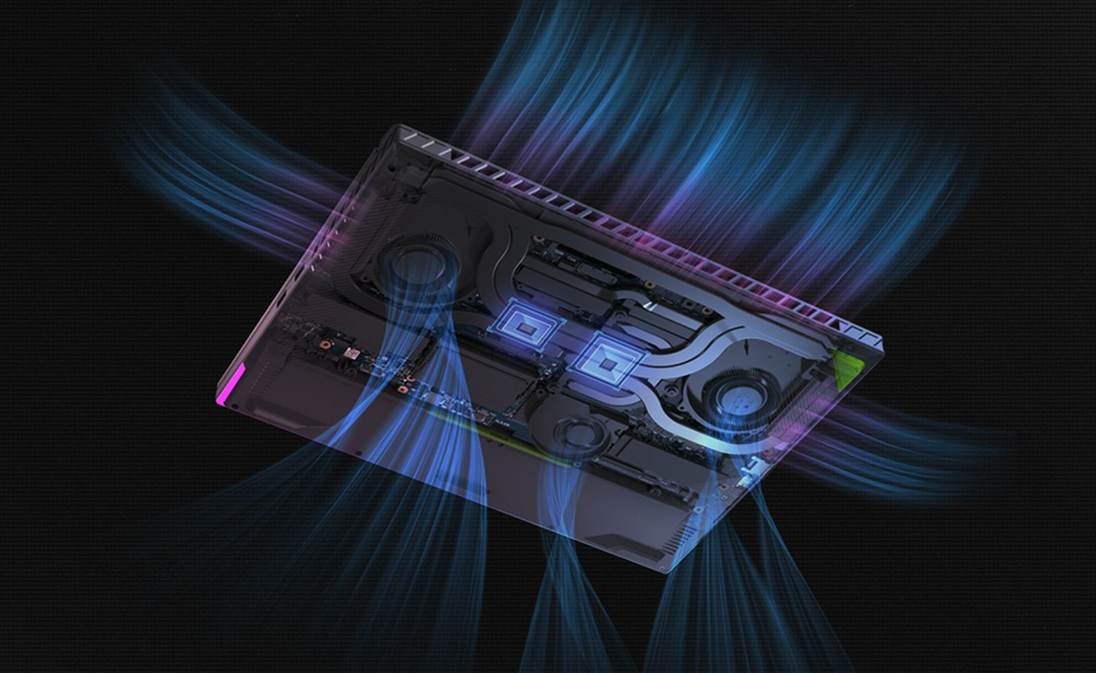 Laptopschaltkreis mit blauen Lichtstreifen, die den Luftstrom simulieren.