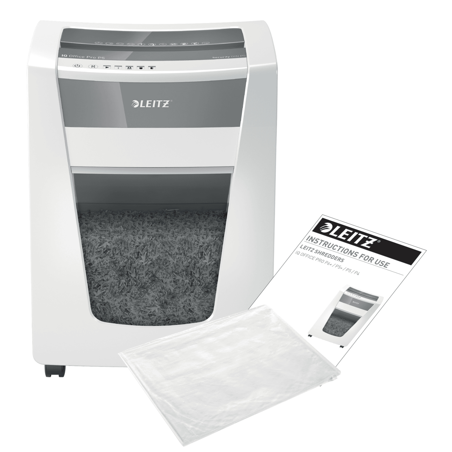 Destructora de papel Leitz blanca con papel triturado, manual y bolsa.