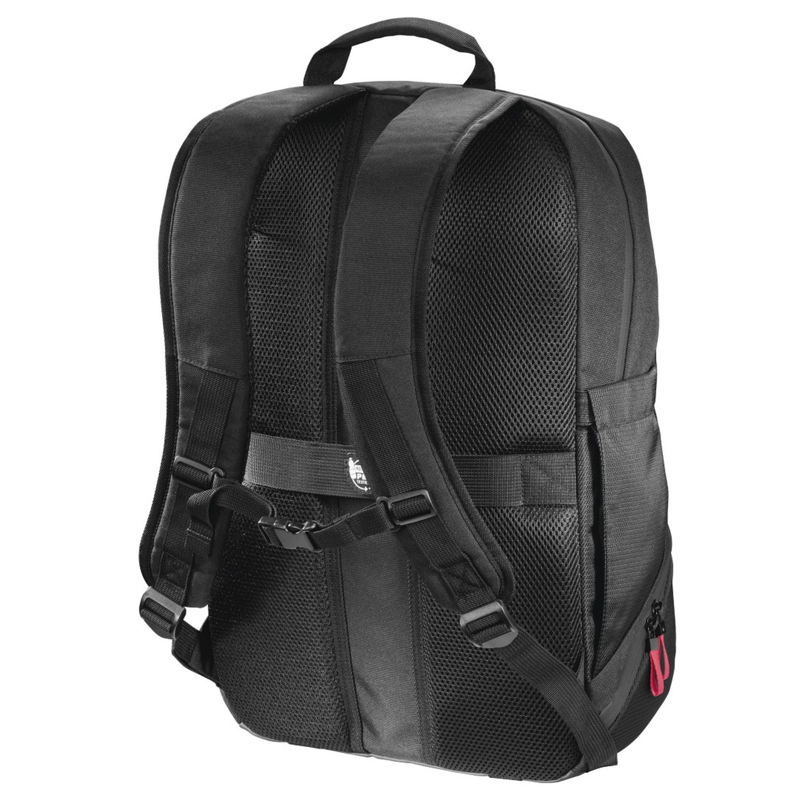 Ein schwarzer Rucksack von hinten mit gepolsterten Trägern und Mesh-Rückseite.