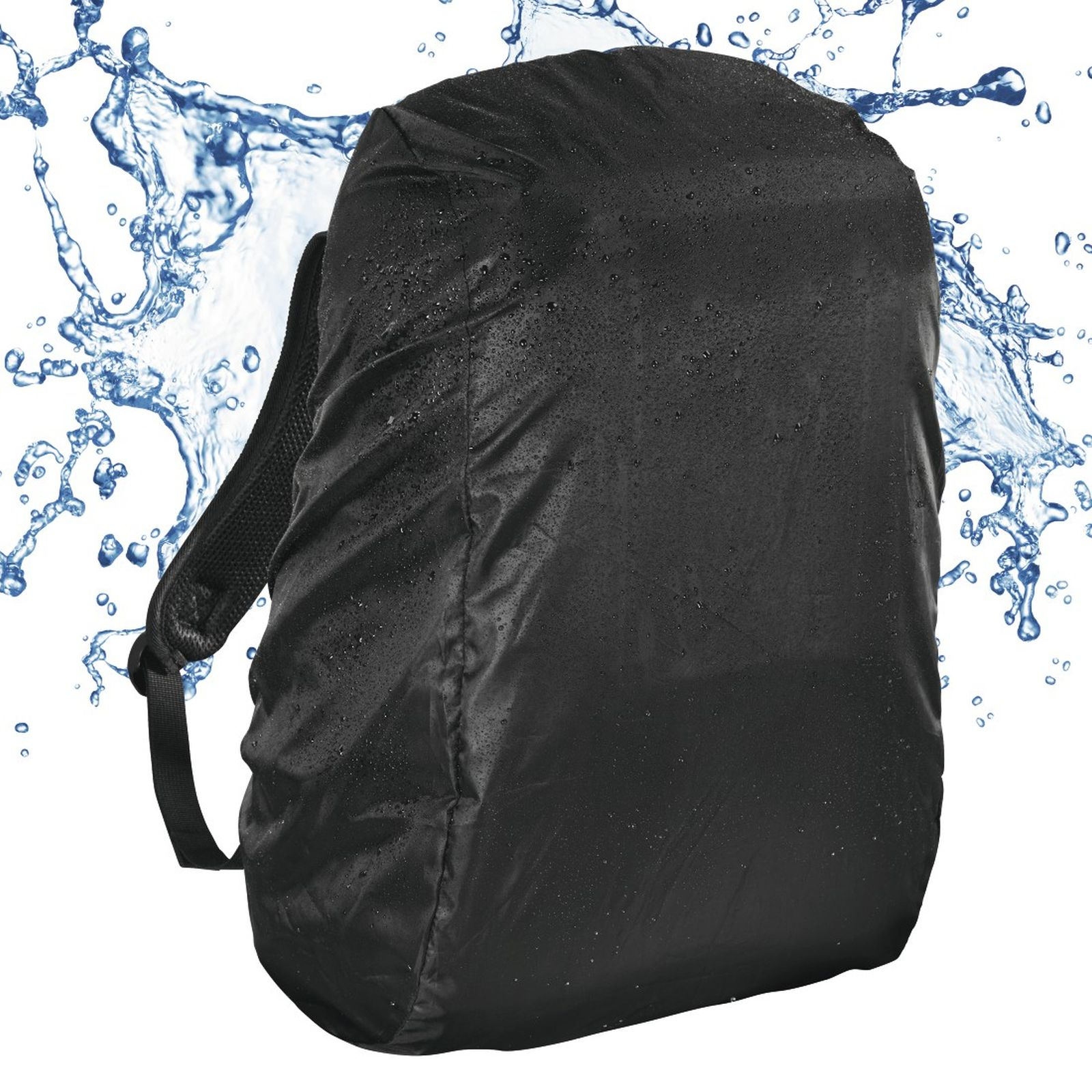 Ein schwarzer Rucksack mit Wassertropfen vor einem Hintergrund aus spritzigem Wasser.