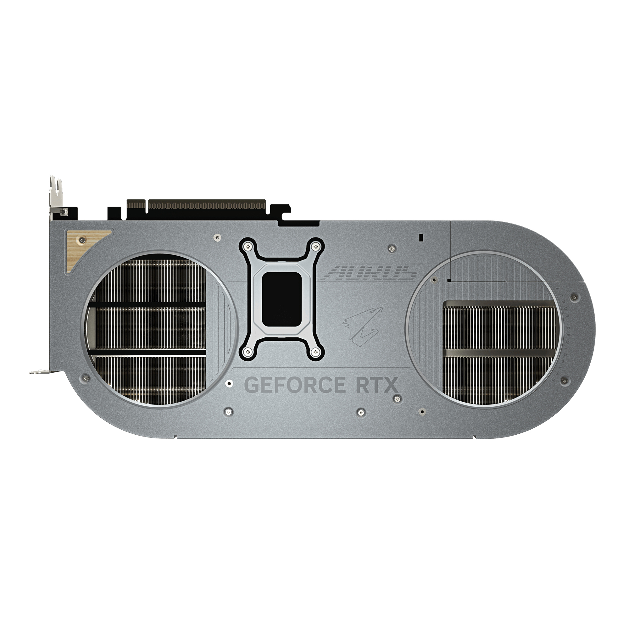 Graue GeForce RTX Grafikkarte mit zwei Lüftern und Metall-Backplate auf weißem Hintergrund.