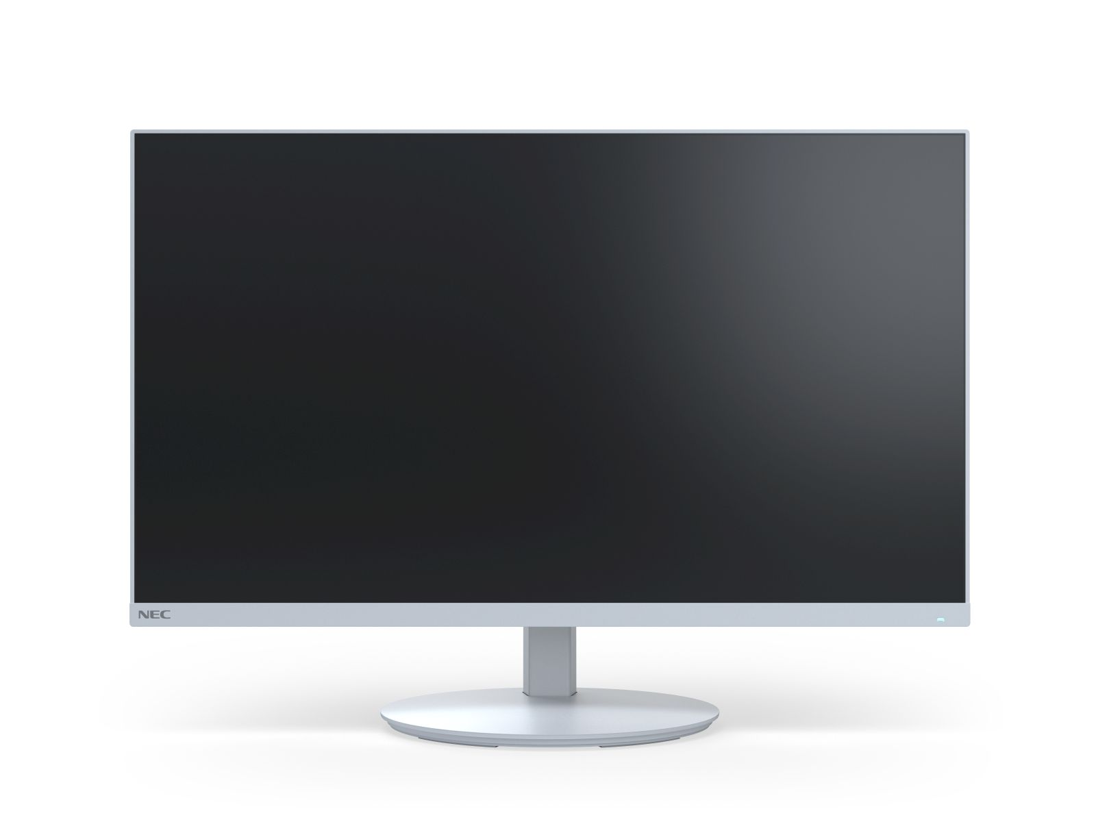 Srebrny monitor NEC z okrągłą podstawą na białym tle.