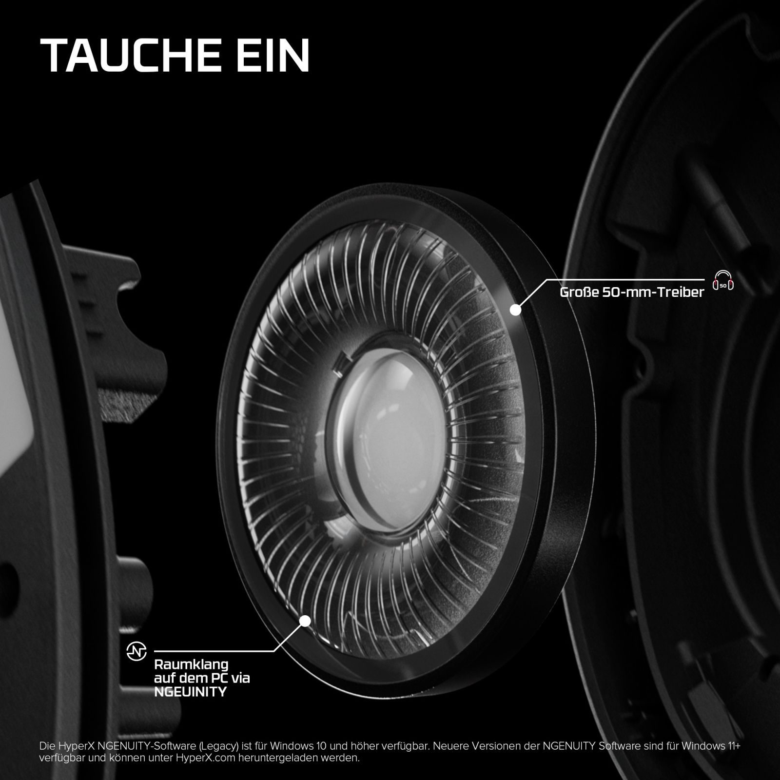 Vista esplosa di cuffie nere che mostra il driver da 50 mm e l'audio spaziale.