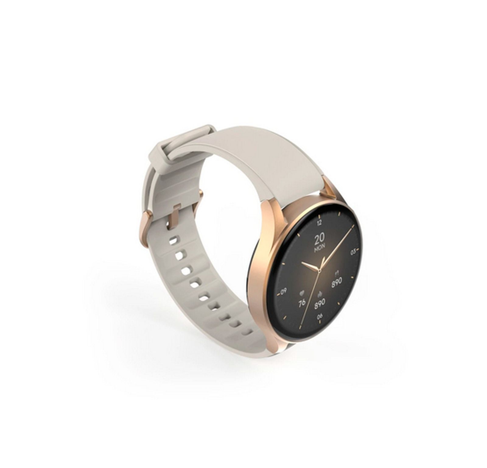 Elegancki smartwatch z kopertą w kolorze różowego złota i beżowym silikonowym paskiem na białym tle.
