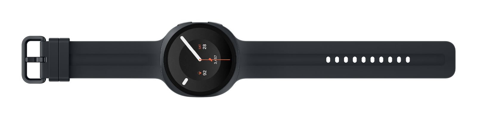 Eine schwarze Smartwatch mit rundem Zifferblatt und einem langen, gelochten Silikonarmband auf weißem Hintergrund.