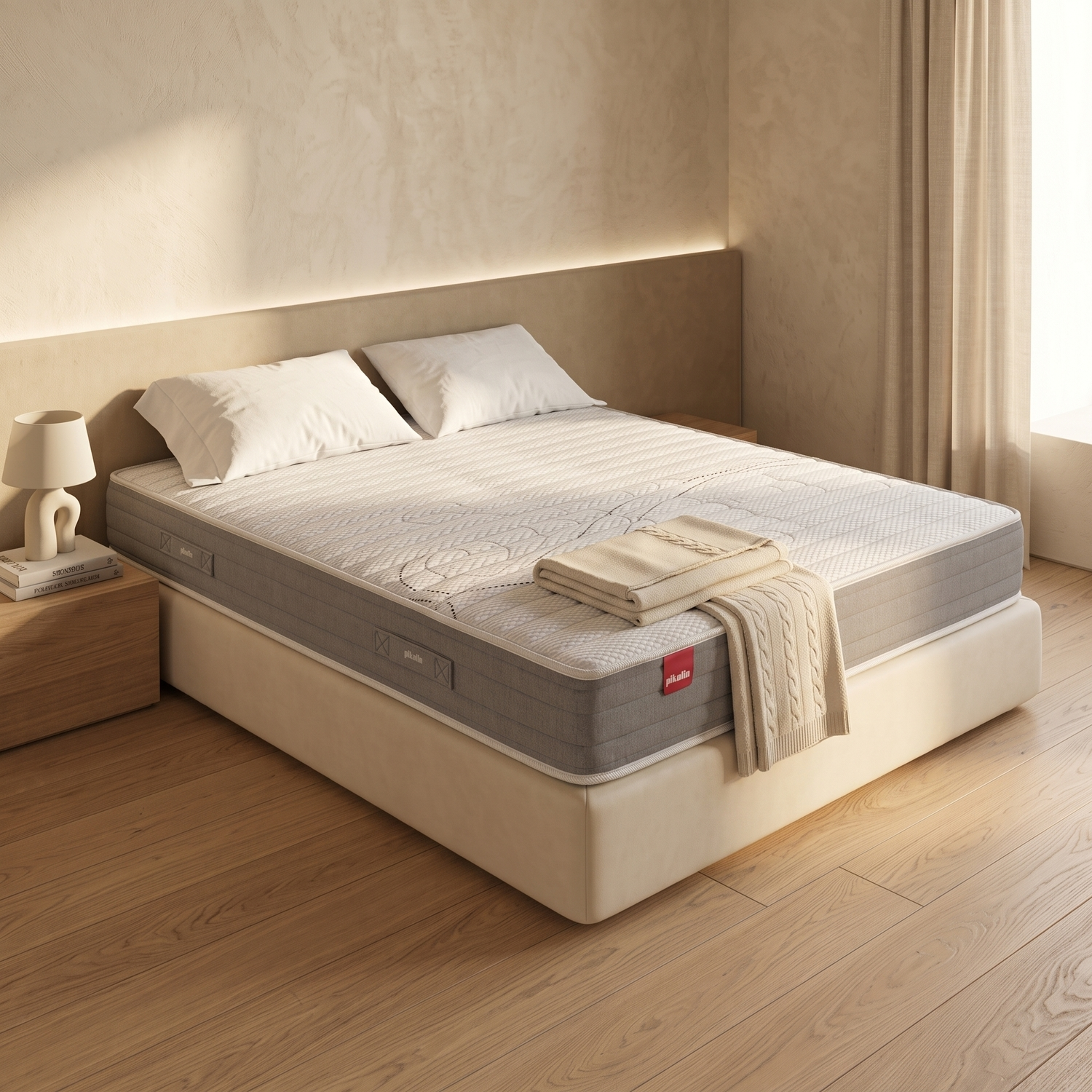 Una cama blanca con almohadas y una manta doblada en un dormitorio sencillo.