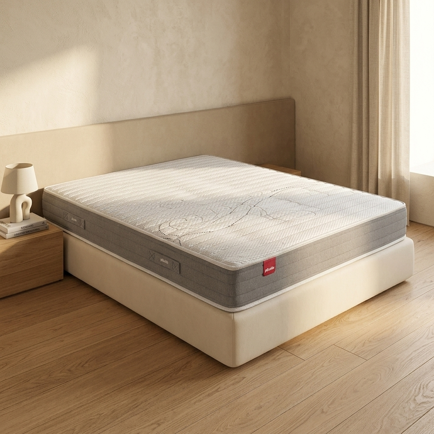 Un colchón blanco y gris sobre una base de cama beige en un dormitorio luminoso con suelo de madera.