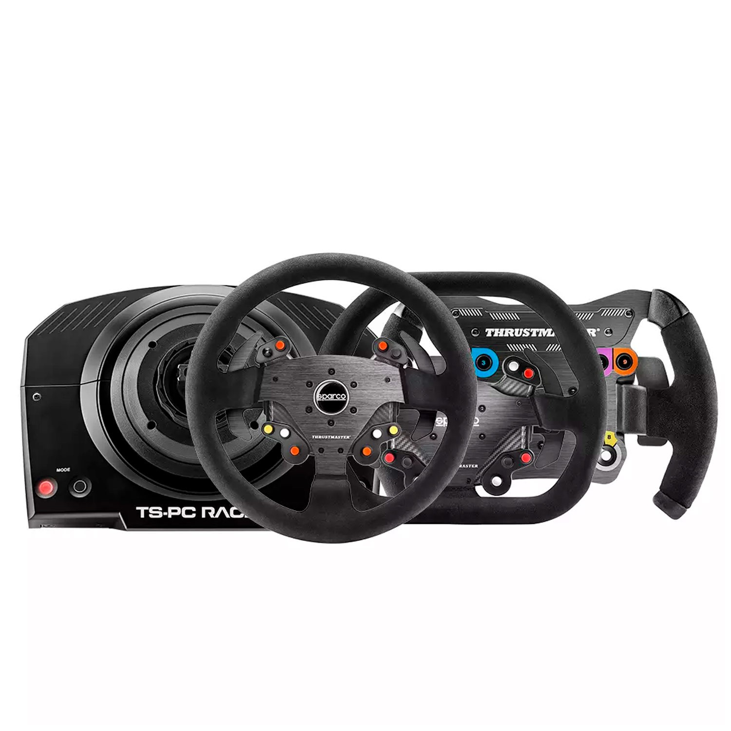 Thrustmaster TS-PC Racer con volante rimovibile, pulsanti e base su sfondo bianco.