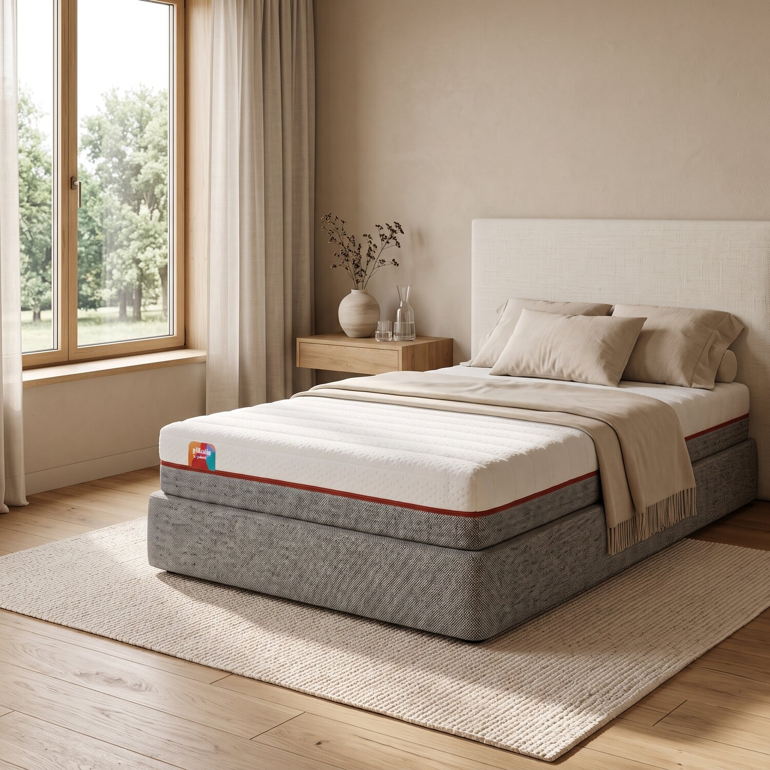 Una cama moderna con cojines está en un dormitorio luminoso y minimalista con una gran ventana.