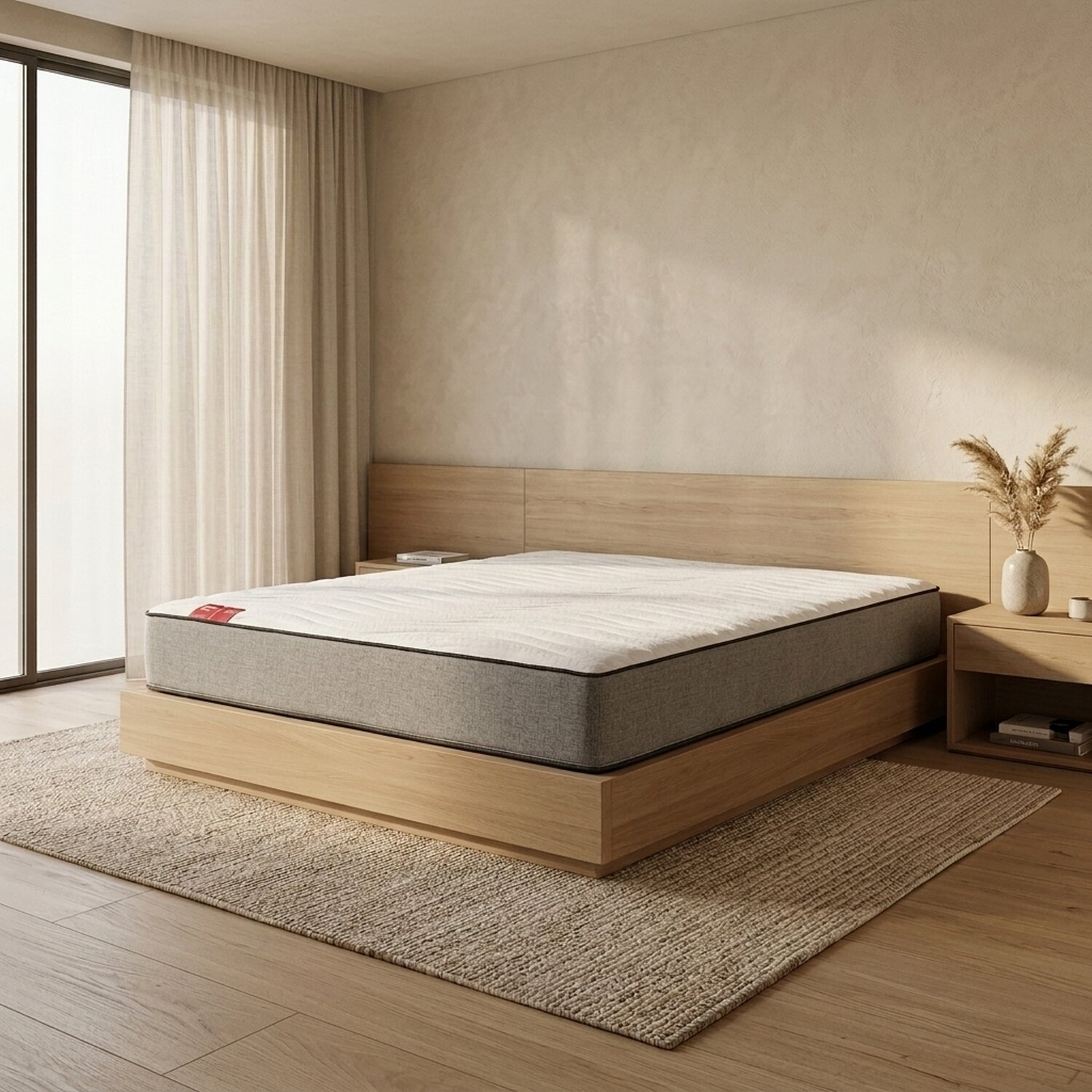 Dormitorio moderno con estructura de madera, colchón gris, alfombra y mesita de noche con jarrón.