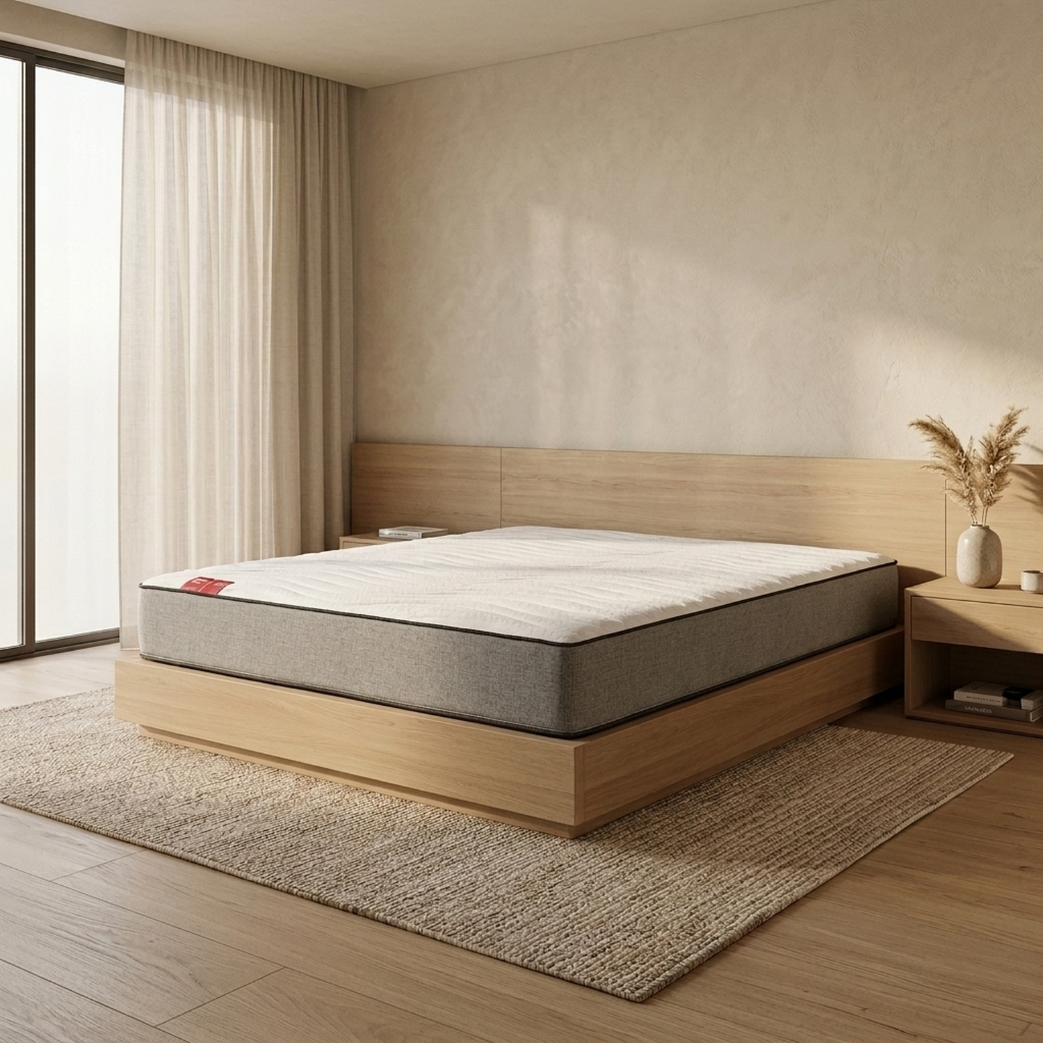Dormitorio moderno con cama de madera, colchón gris y blanco, mesita de noche con hierba seca y cortinas.