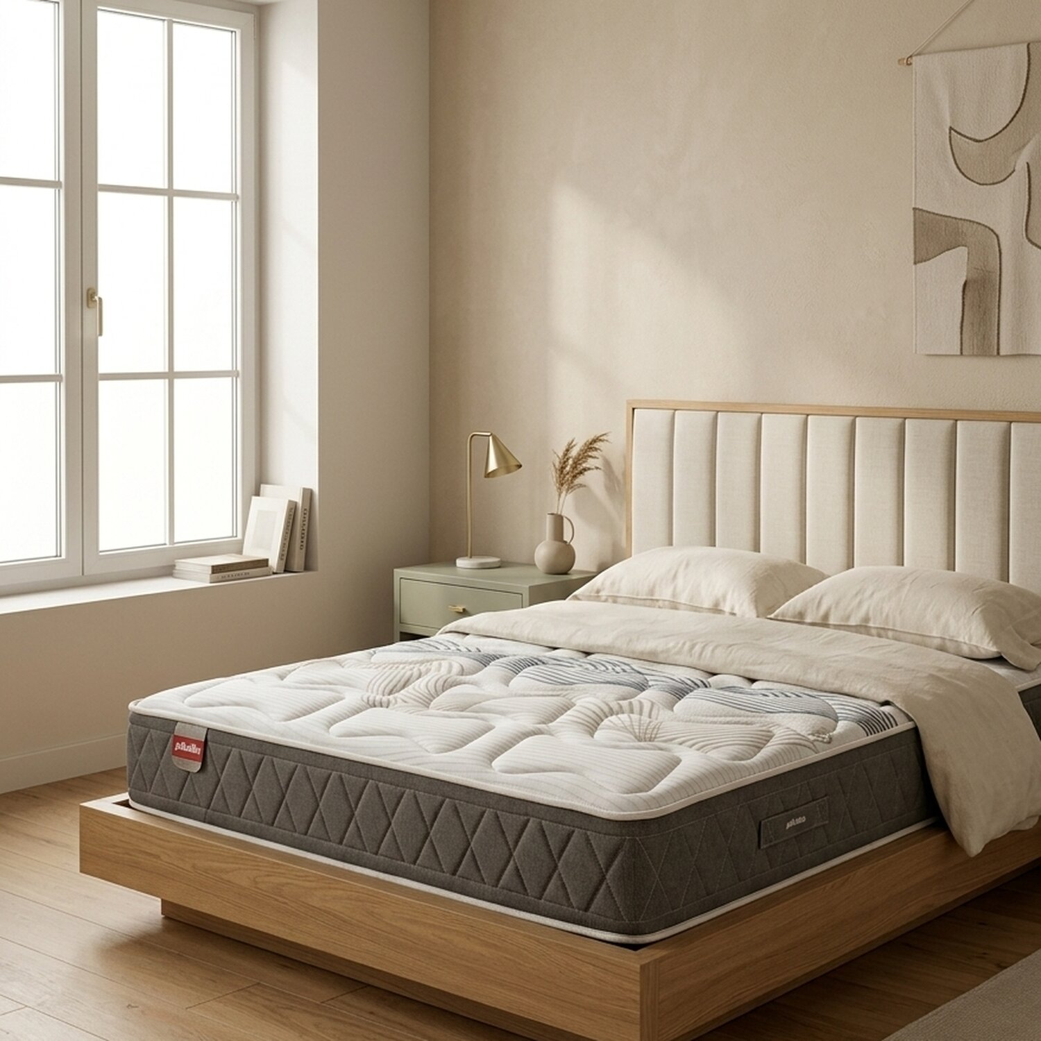 Dormitorio minimalista con cama de madera, colchón acolchado, mesita de noche y gran ventana con luz natural.