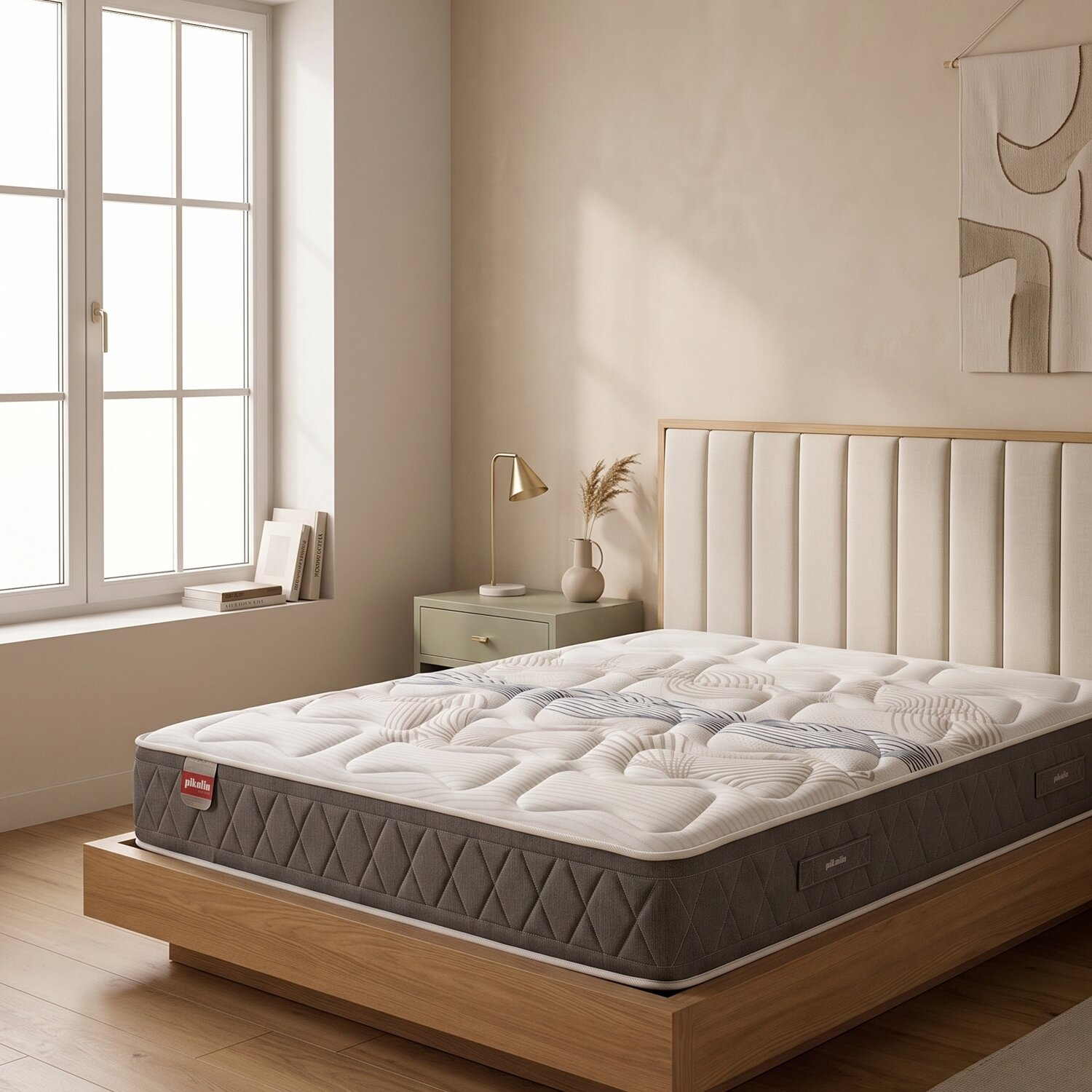 Interior de dormitorio moderno con un cómodo colchón doble estampado en una habitación luminosa.