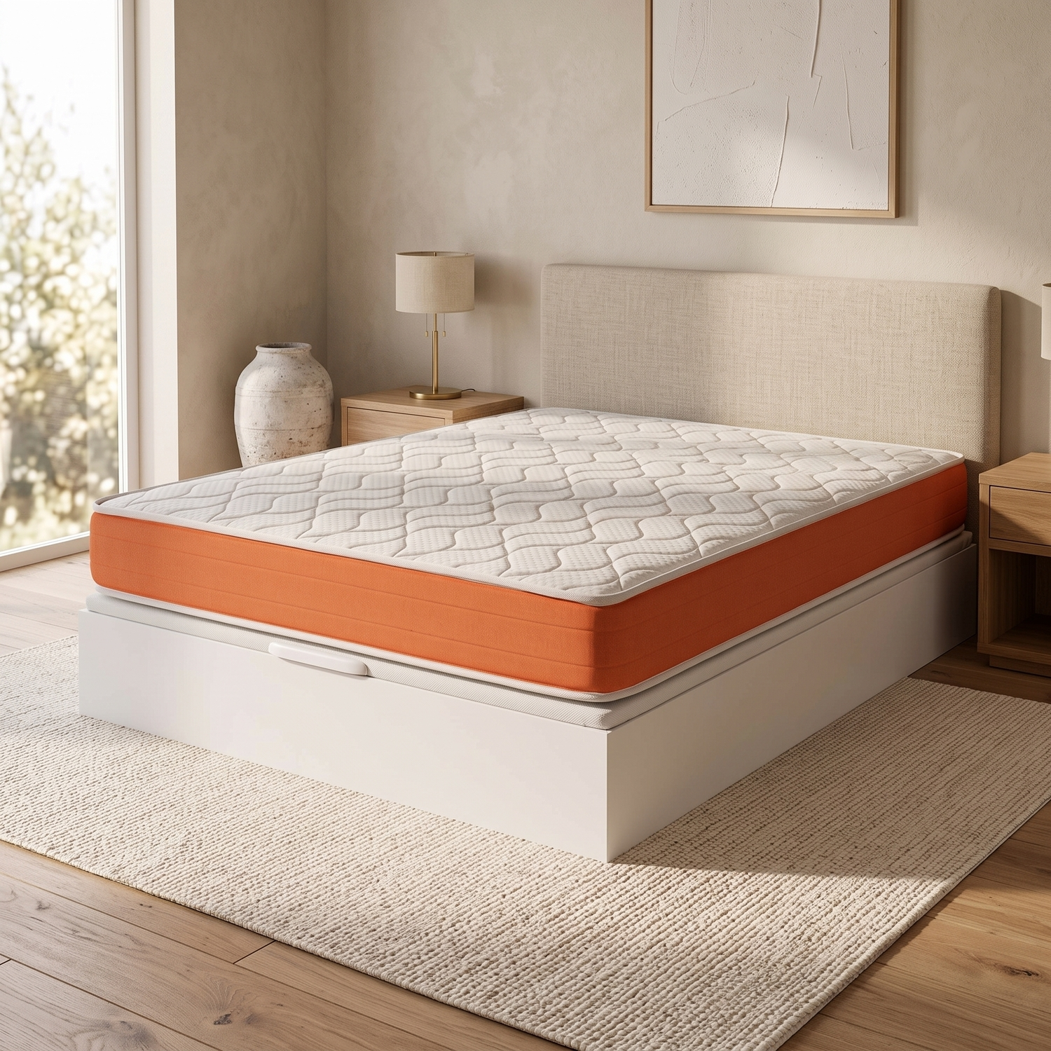 Un colchón blanco y naranja en una cama con almacenamiento en un dormitorio luminoso.