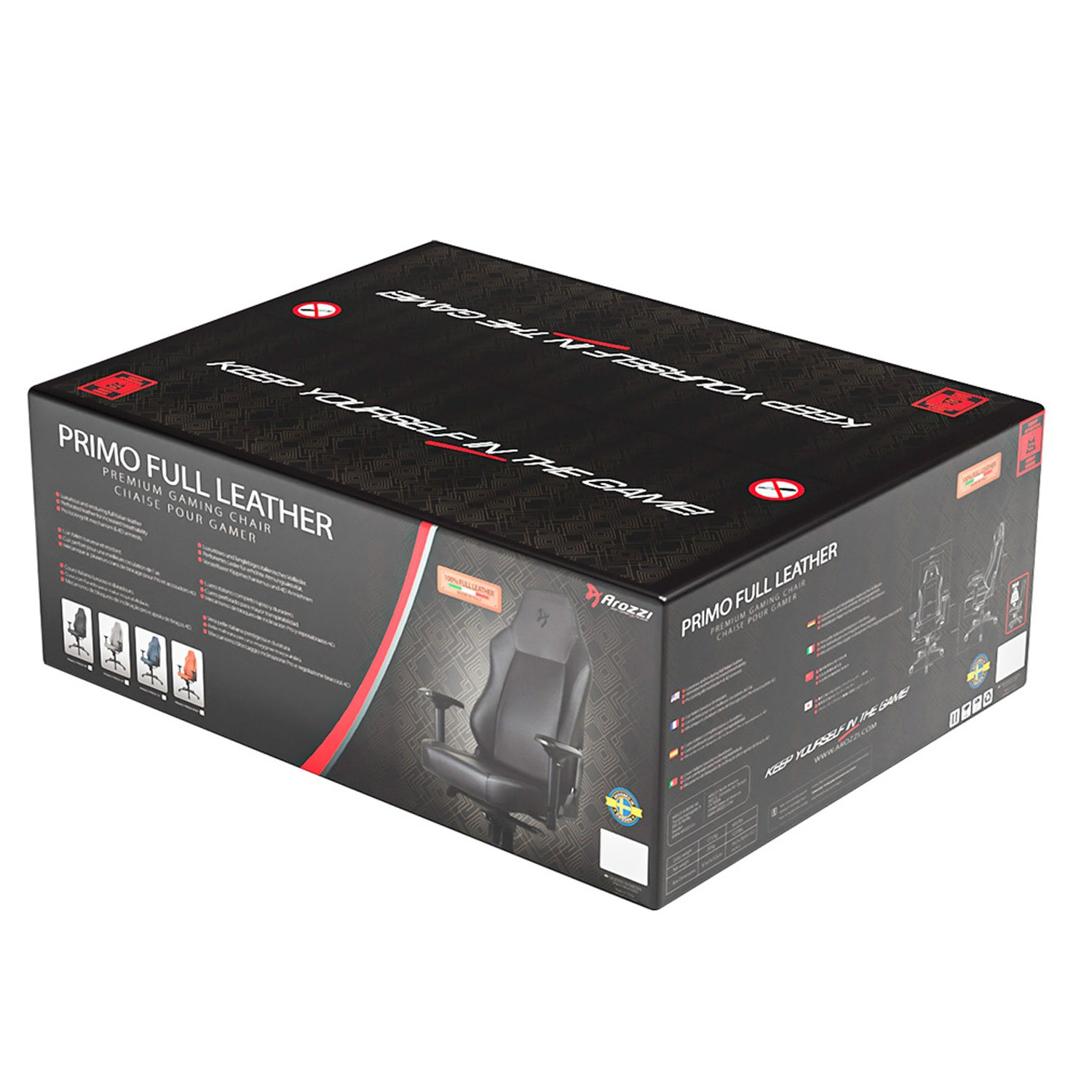 Caja de producto negra para la silla gaming Arozzi Primo Full Leather con texto y gráficos blancos.