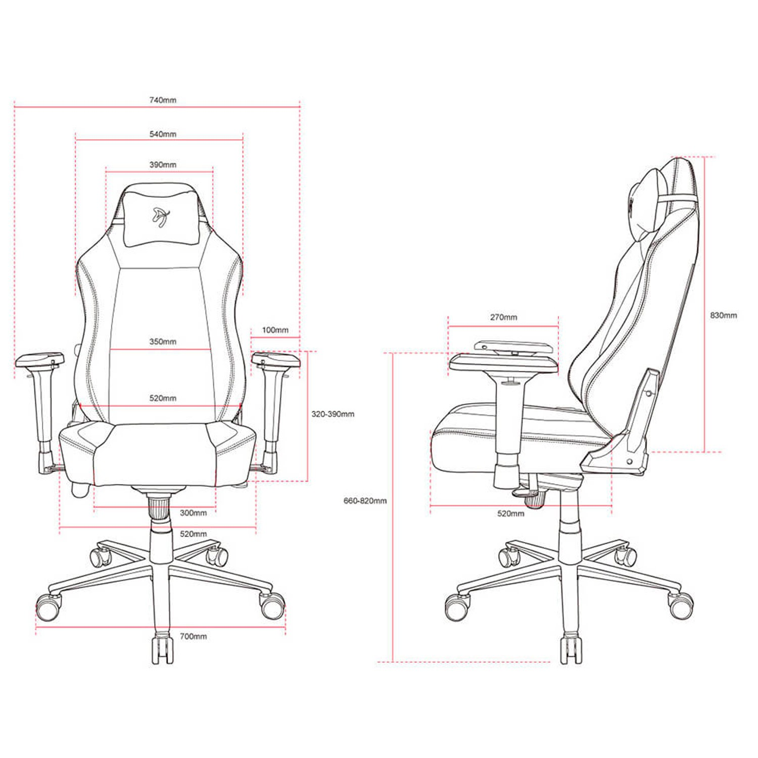 Dibujo técnico de una silla gaming con vistas frontal y lateral, incluyendo medidas en milímetros.