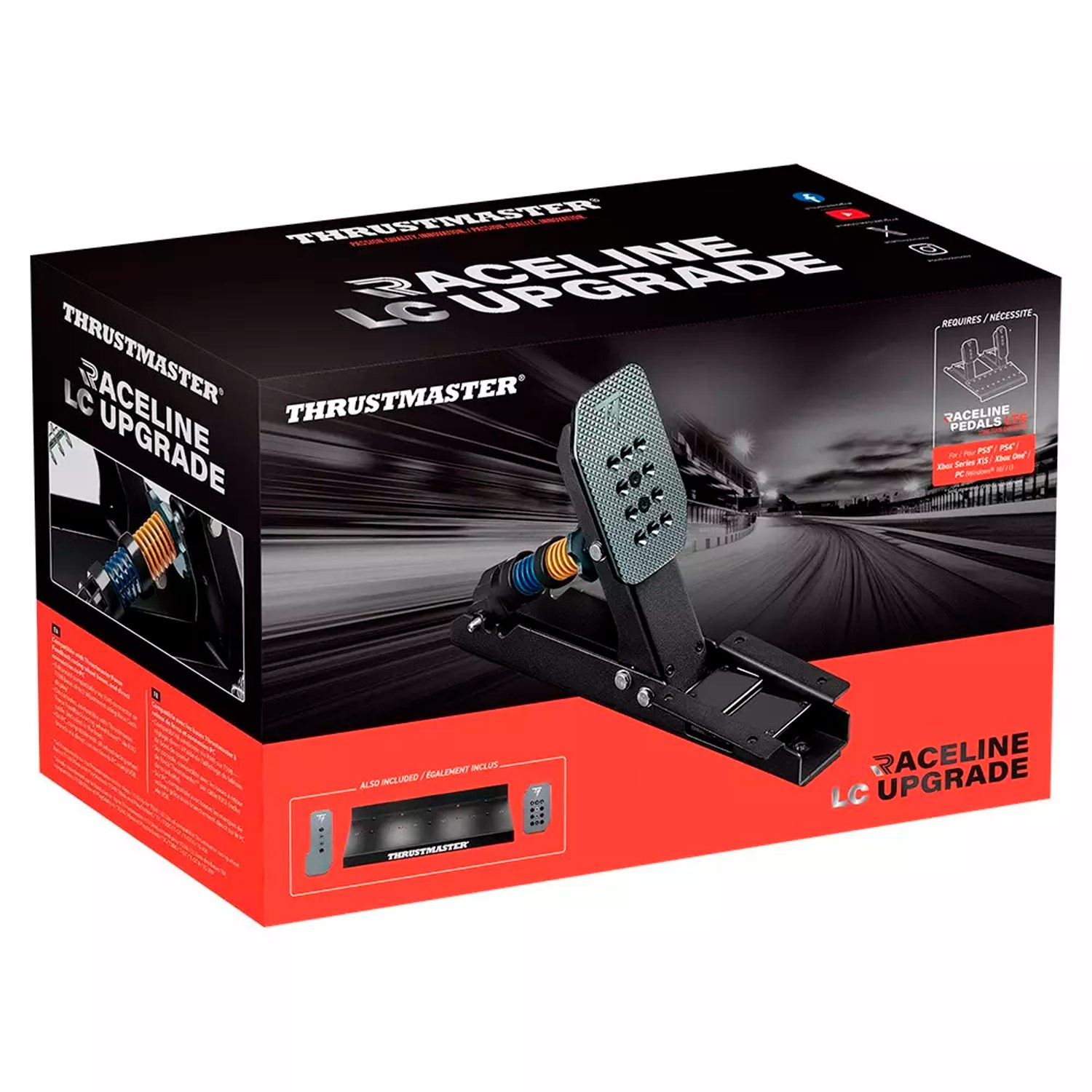 Embalaje de los pedales Thrustmaster Raceline LC Upgrade con caja negra y detalles rojos.