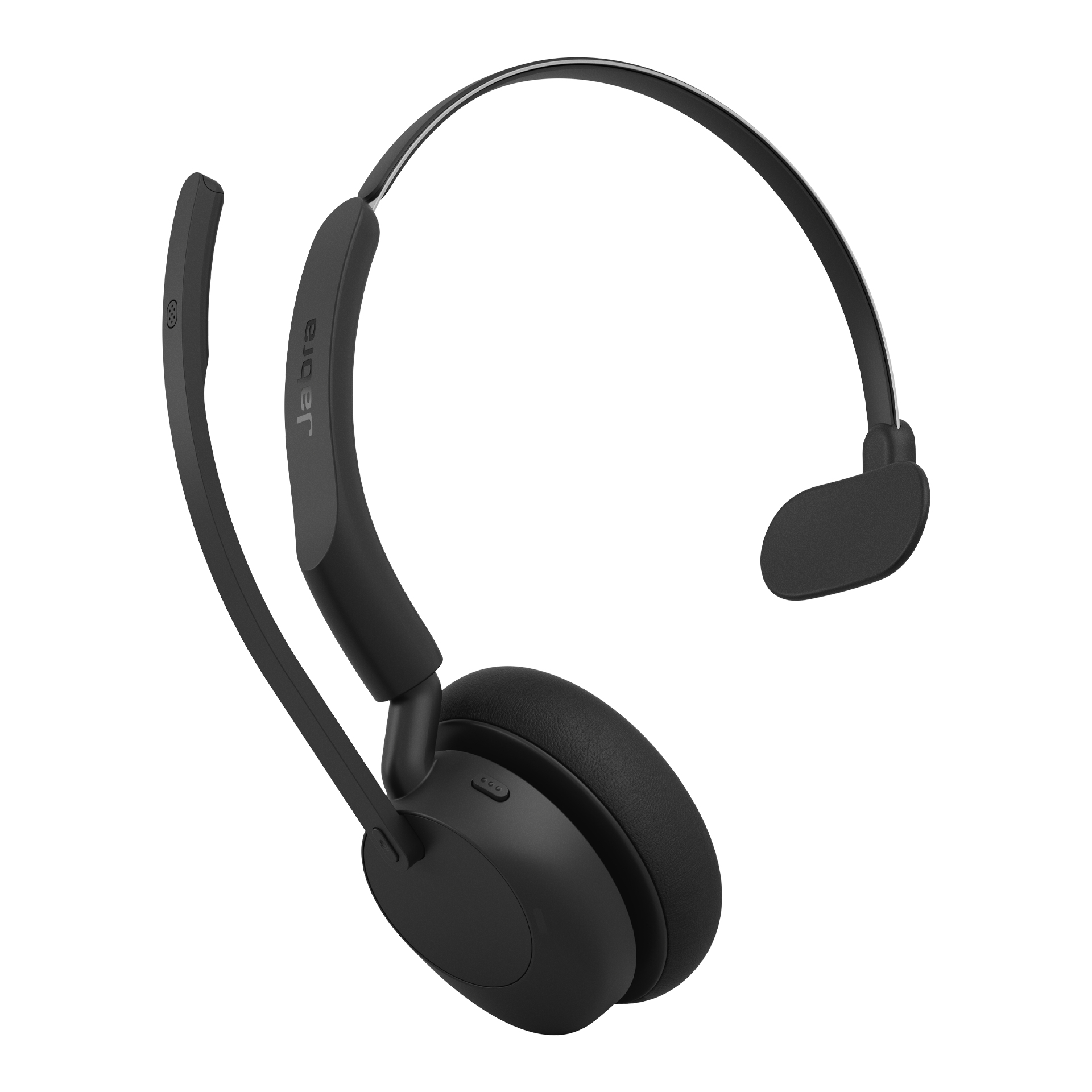 Schwarzes Jabra On-Ear-Headset mit Kopfbügel und verstellbarem Mikrofonarm auf weißem Hintergrund.