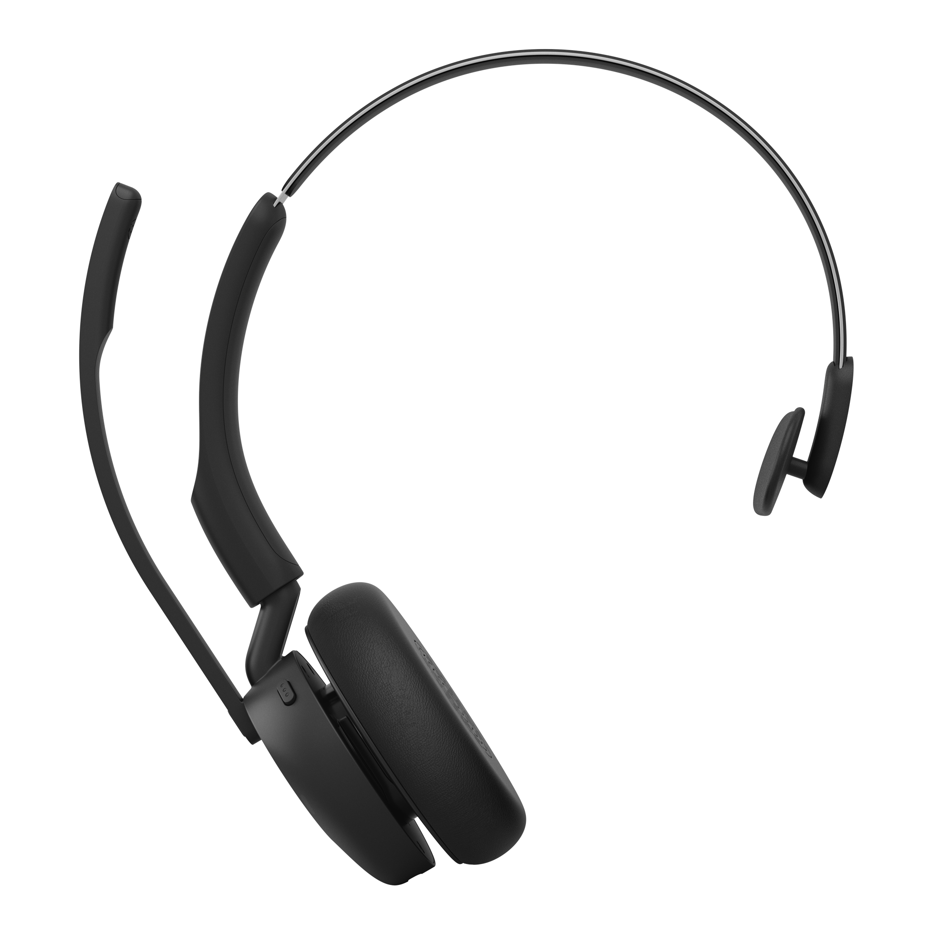 Ein schwarzes Einohr-Headset mit dünnem Metallbügel und Mikrofonarm vor weißem Hintergrund.