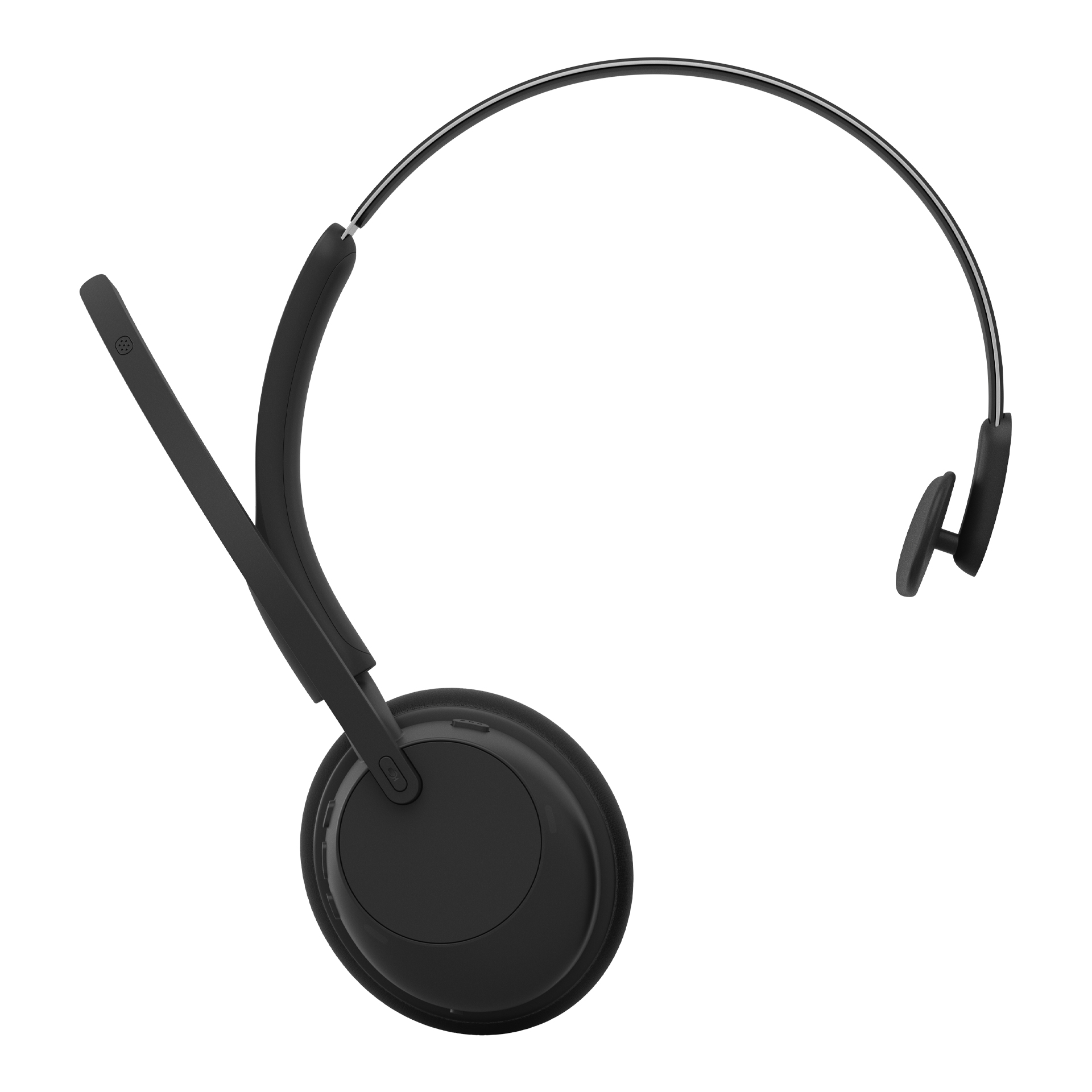 Ein schwarzes On-Ear-Headset mit Kopfbügel und Mikrofonarm vor weißem Hintergrund.