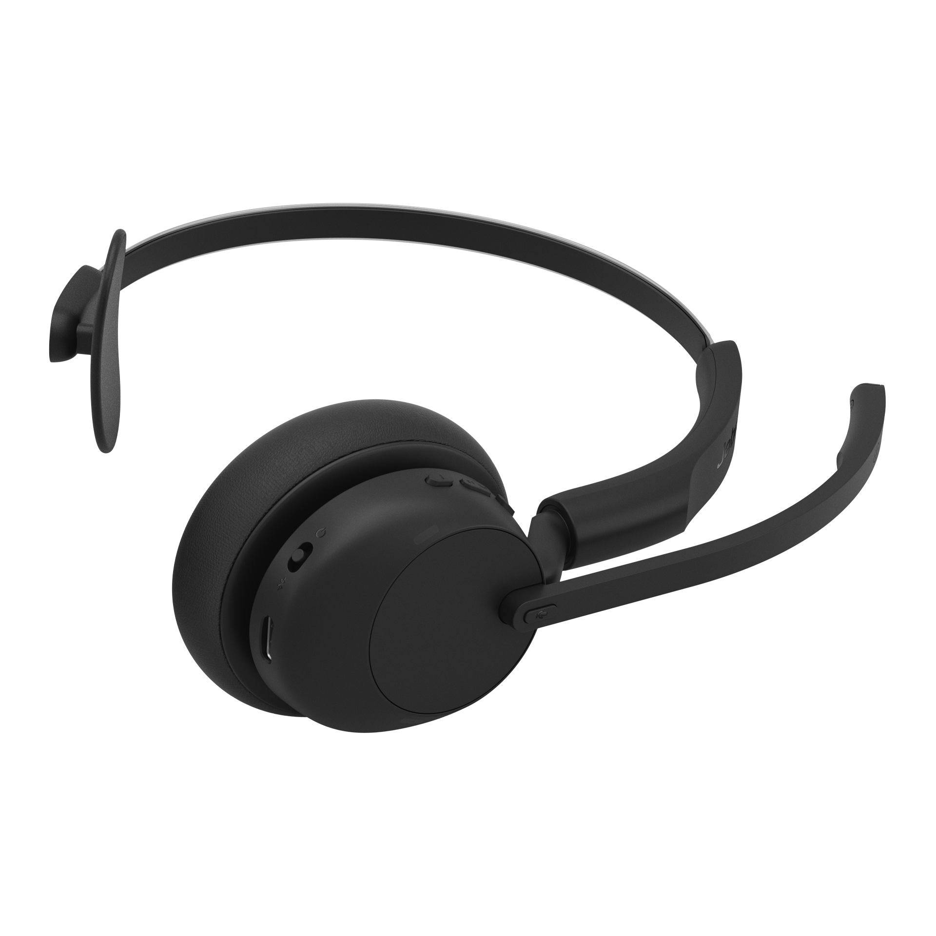 Schwarzes On-Ear-Headset mit Kopfbügel und Mikrofonarm vor weißem Hintergrund.