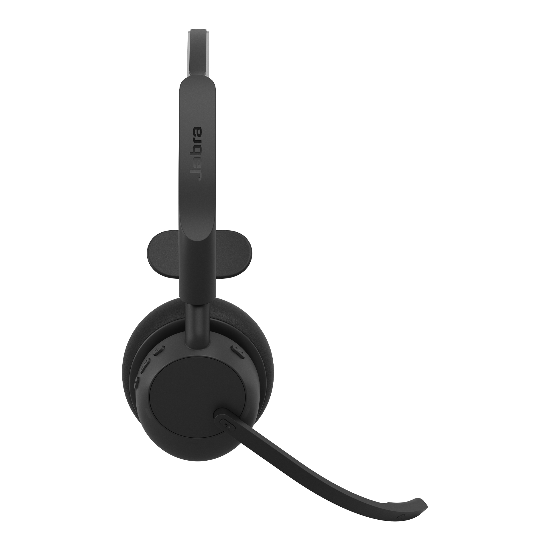 Schwarzes Jabra-On-Ear-Headset mit Mikrofonarm und Steuertasten auf weißem Hintergrund.