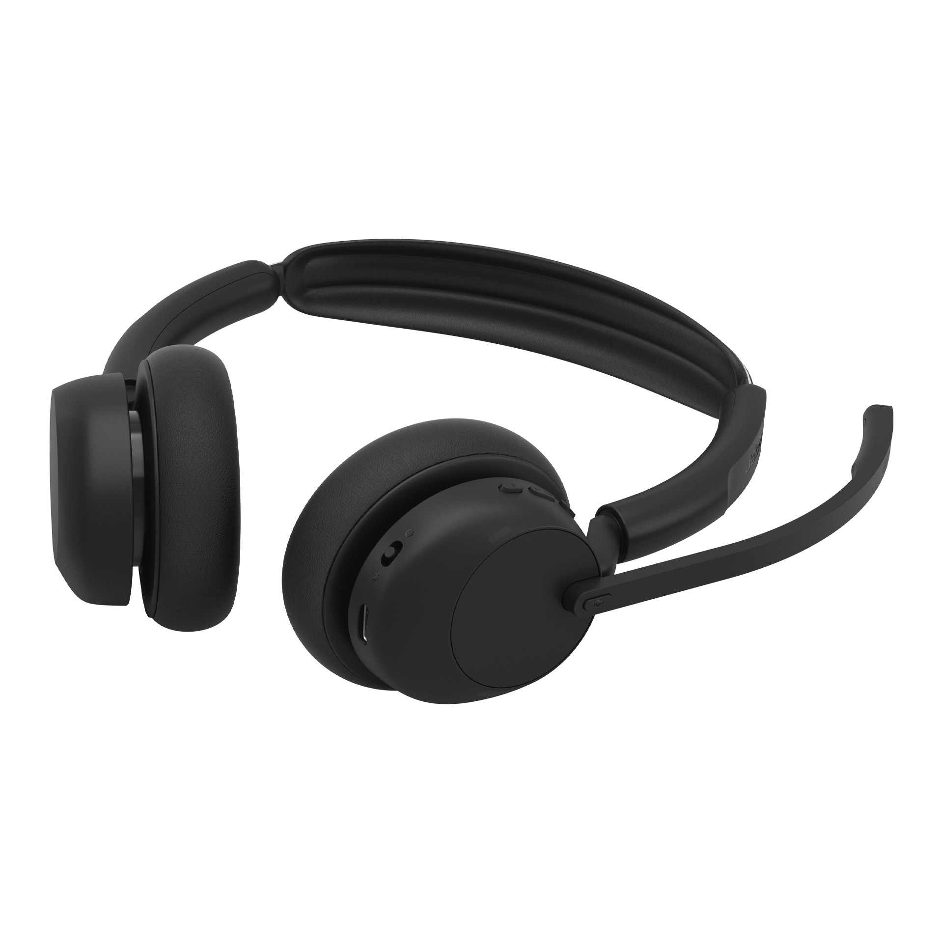 Schwarze On-Ear-Bluetooth-Kopfhörer mit Mikrofonarm und gepolstertem Bügel auf weißem Hintergrund.