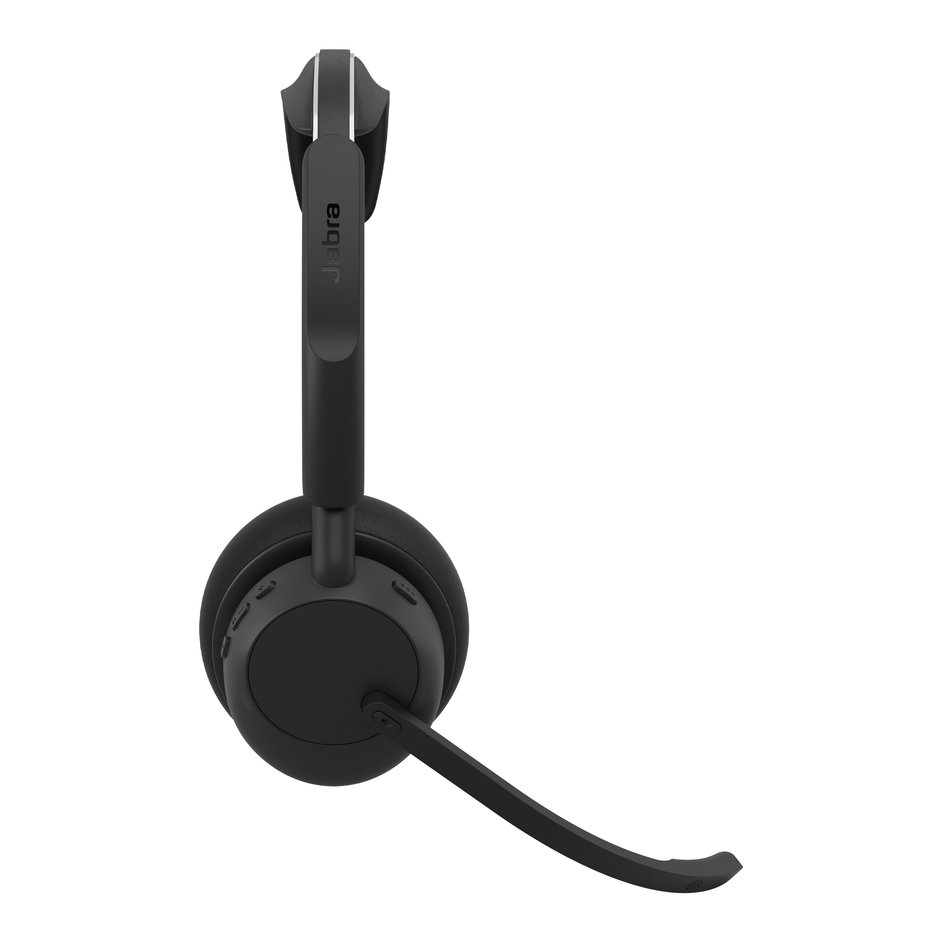 Schwarzes Jabra-Headset mit Mikrofonarm und Kopfbügel auf weißem Hintergrund.