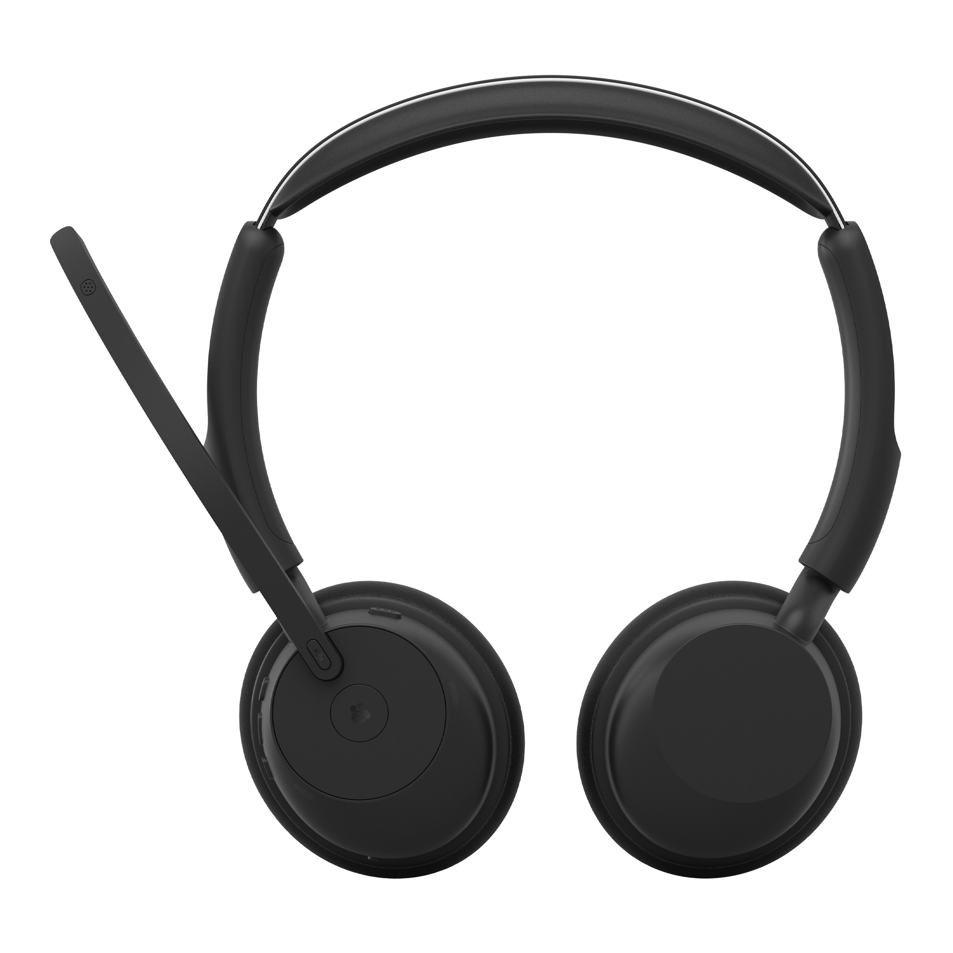 Schwarze On-Ear-Kopfhörer mit einem verstellbaren Kopfbügel, gepolsterten Ohrmuscheln und einem nach oben ragenden Mikrofonarm.