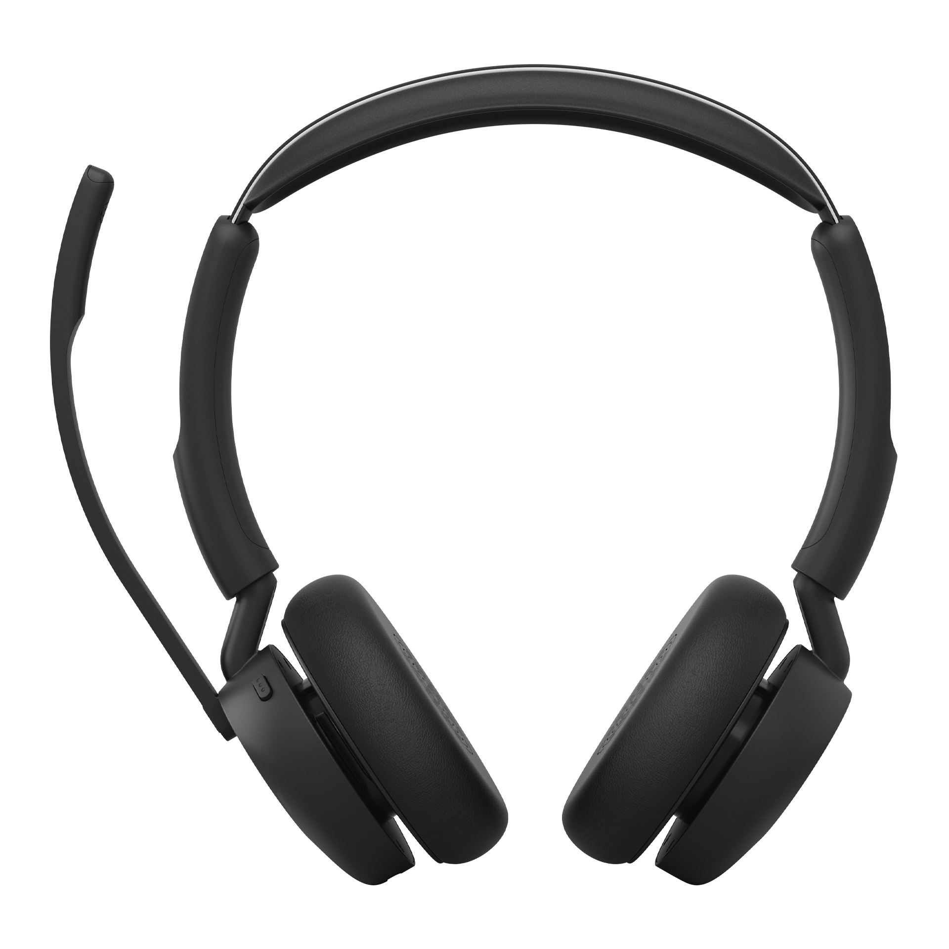Schwarze On-Ear-Kopfhörer mit Kopfbügel und angebrachtem Mikrofonarm auf weißem Hintergrund.