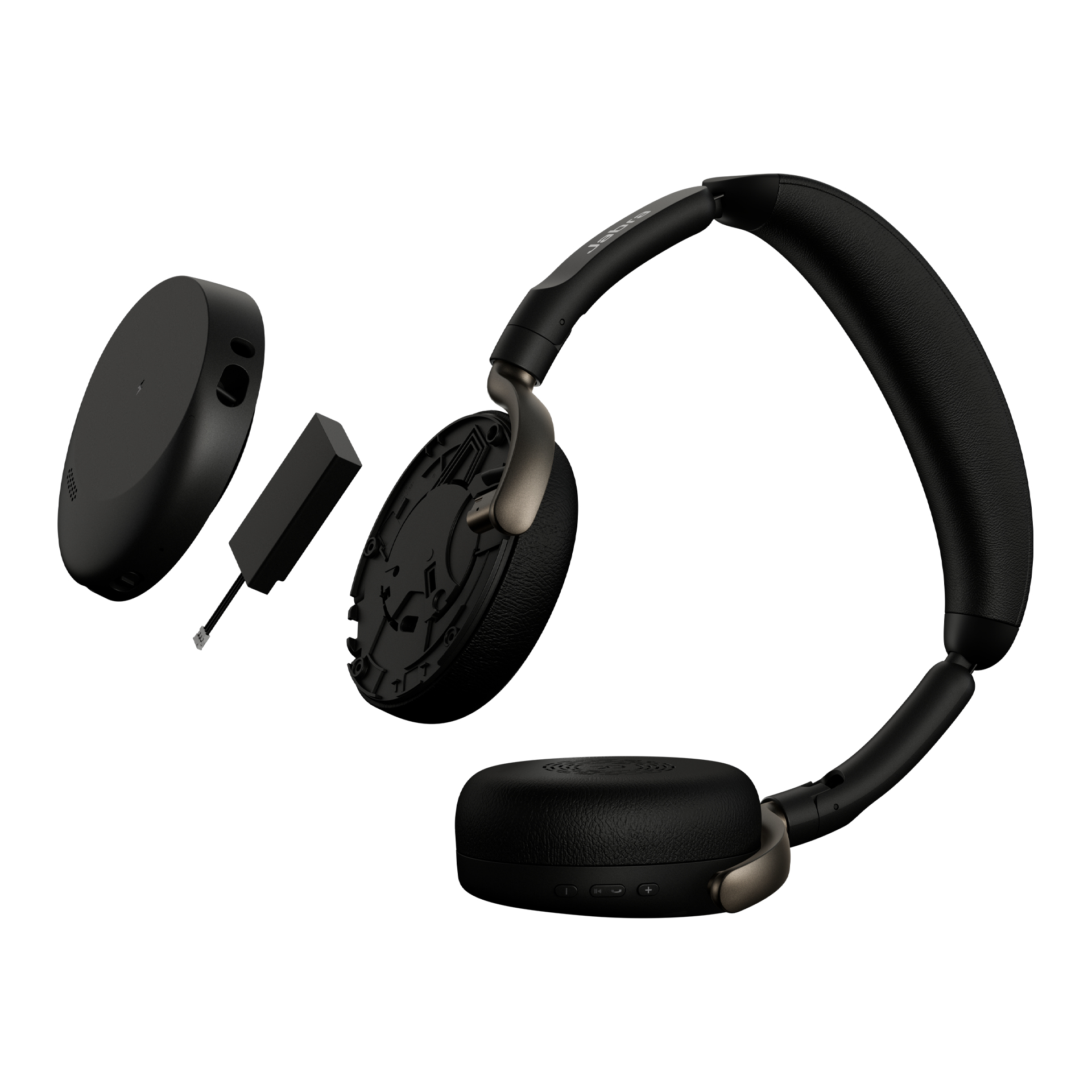 Schwarze Jabra-Kopfhörer mit abnehmbaren Ohrpolstern und Zubehör auf weißem Hintergrund.