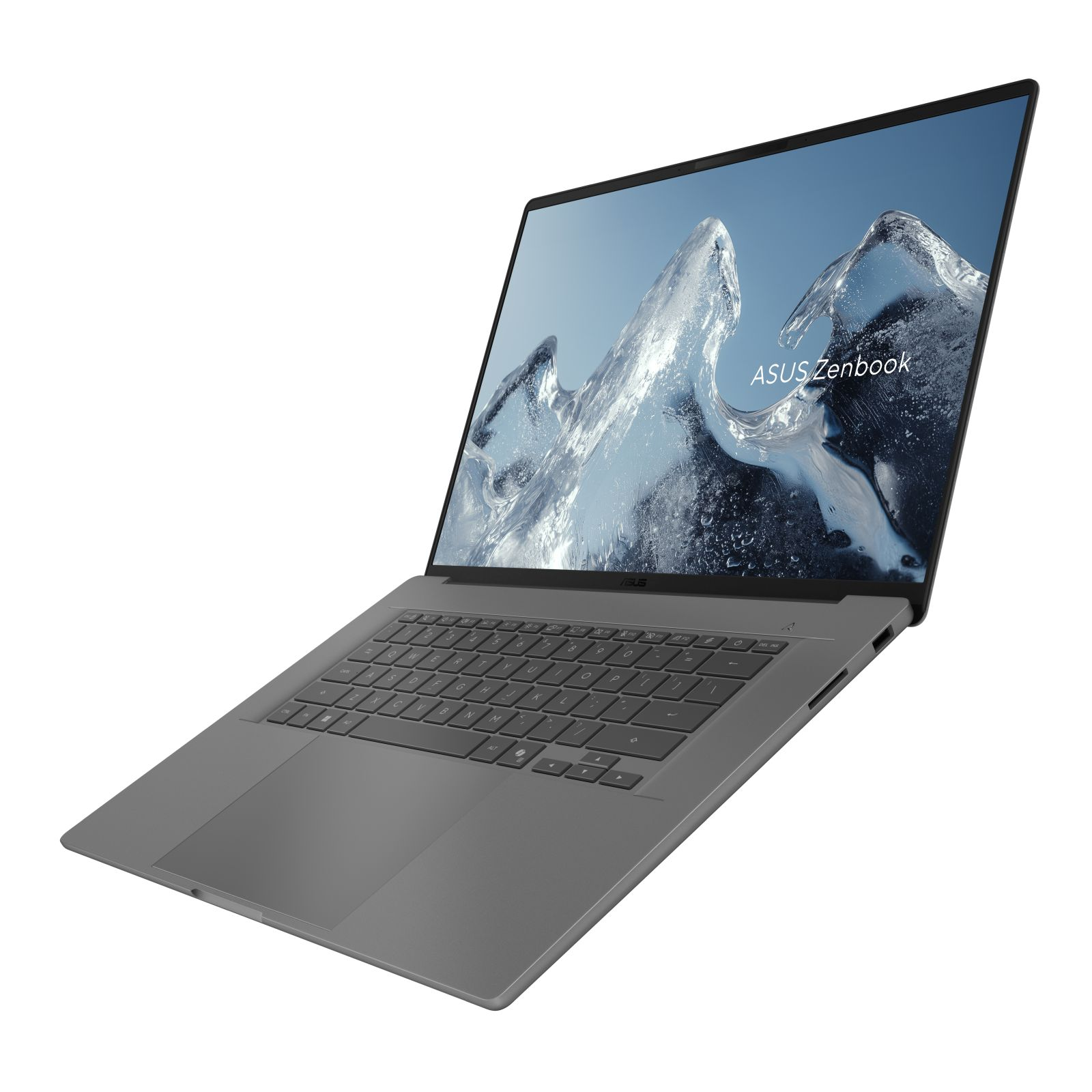 Ein grauer ASUS Zenbook Laptop auf weißem Hintergrund mit einem blauen Hintergrundbild von spritzendem Wasser.